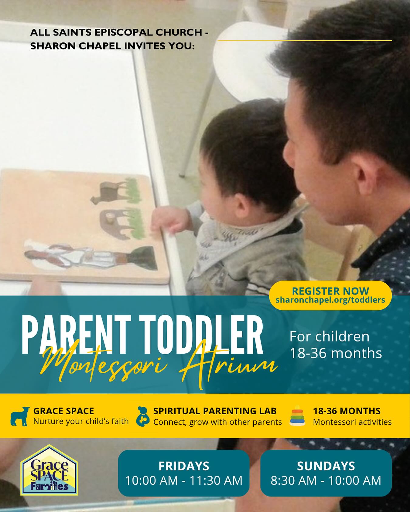 Join us for our Parent Toddler Montessori Atrium!
This is a peaceful, faith-based program for you and your toddler (18-36 mos) to enjoy hands-on Montessori activities, singing, nature walks, and a supportive community for parents.
Choose the session that works for you:
✨ FRIDAYS: 10:00 AM - 11:30 AM (8-week session, $160)
✨ SUNDAYS: 8:30 AM - 10:00 AM (Monthly session, $60)
Sessions start this week! Learn more about specific dates and register at the link below. Tuition assistance is available.
See link in profile to register.
#AllSaintsSharonChapel #SharonChapel #ParentToddler #Montessori #SpiritualParenting #AlexandriaVA #ToddlerActivities