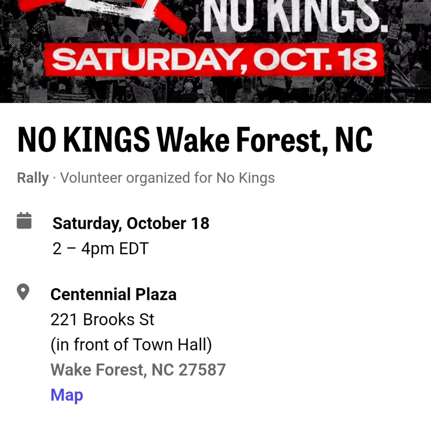 I'm excited to share that I will be attending my second No Kings event. I invite you to join us! This Saturday, October 18 at 2PM, we’re coming together in downtown Wake Forest at Centennial Plaza for the No Kings Day of Peaceful Action.
This isn’t just a protest—it’s a moment for our community to stand side by side and show that Wake Forest believes in unity, equality, and people power. We’ll kick things off with a short rally, then walk peacefully through downtown together. Along the way, there’ll be voter registration and info tables with real ways to get involved and make a difference.
Across the country, thousands of communities will be marching too. Together, we’re sending the same message: we are equals, and we won’t be ruled by fear or force.
👉 RSVP here and join us: https://www.mobilize.us/nokings/event/844778
Let’s raise our voices, walk with courage, and remind each other how strong we are when we stand together. 💜
#NoKingsDayy #wakeforestnc #TogetherWeRise