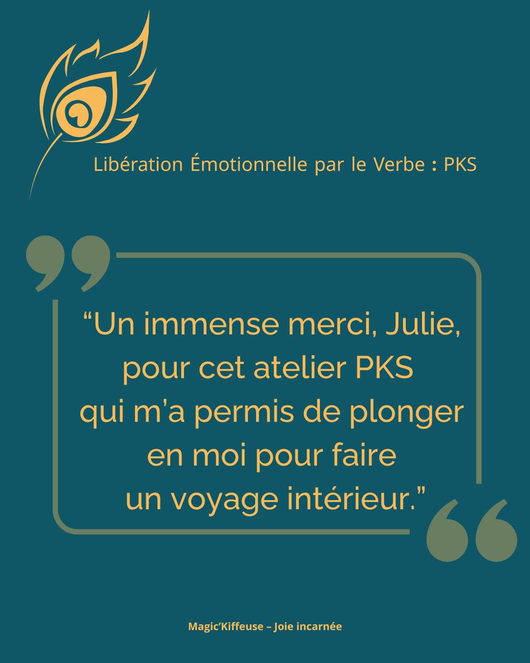 ✨ “Un immense merci, Julie, pour cet atelier qui m’a permis de plonger en moi pour faire un voyage intérieur.”
Ces quelques mots reçus après l’atelier PKS de ce midi résument tout. 💞
Un moment de partage, de libération et de reconnexion à soi.
Chaque atelier est unique, et pourtant… la magie opère toujours. 🌙
Merci à celles qui étaient présentes aujourd’hui pour leur confiance,
leurs mots, leurs silences, leurs présences vraies.
💫 Le PKS (Peter Koenig System) est une approche douce et puissante
pour observer les émotions, les accueillir et s’en libérer en profondeur.
📅 Le prochain atelier collectif aura lieu le mois prochain.
Tu peux déjà me laisser un message si tu veux être informée en priorité. 💌
🌸 Je suis Julie Gohier, Magic’Kiffeuse – Facilitatrice de Joie Incarnée.
J’accompagne les femmes sensibles à se retrouver, à libérer les mémoires qui les freinent et à vibrer leur lumière naturelle.
#pks #peterkoenigsystem #libérationémotionnelle #atelierpks #joieincarnée #magickiffeuse #reconnexionasoi #femmesensibles #developpementpersonnel #oserêtre #authenticité #vibrerlasimplicité #vibrationintérieure