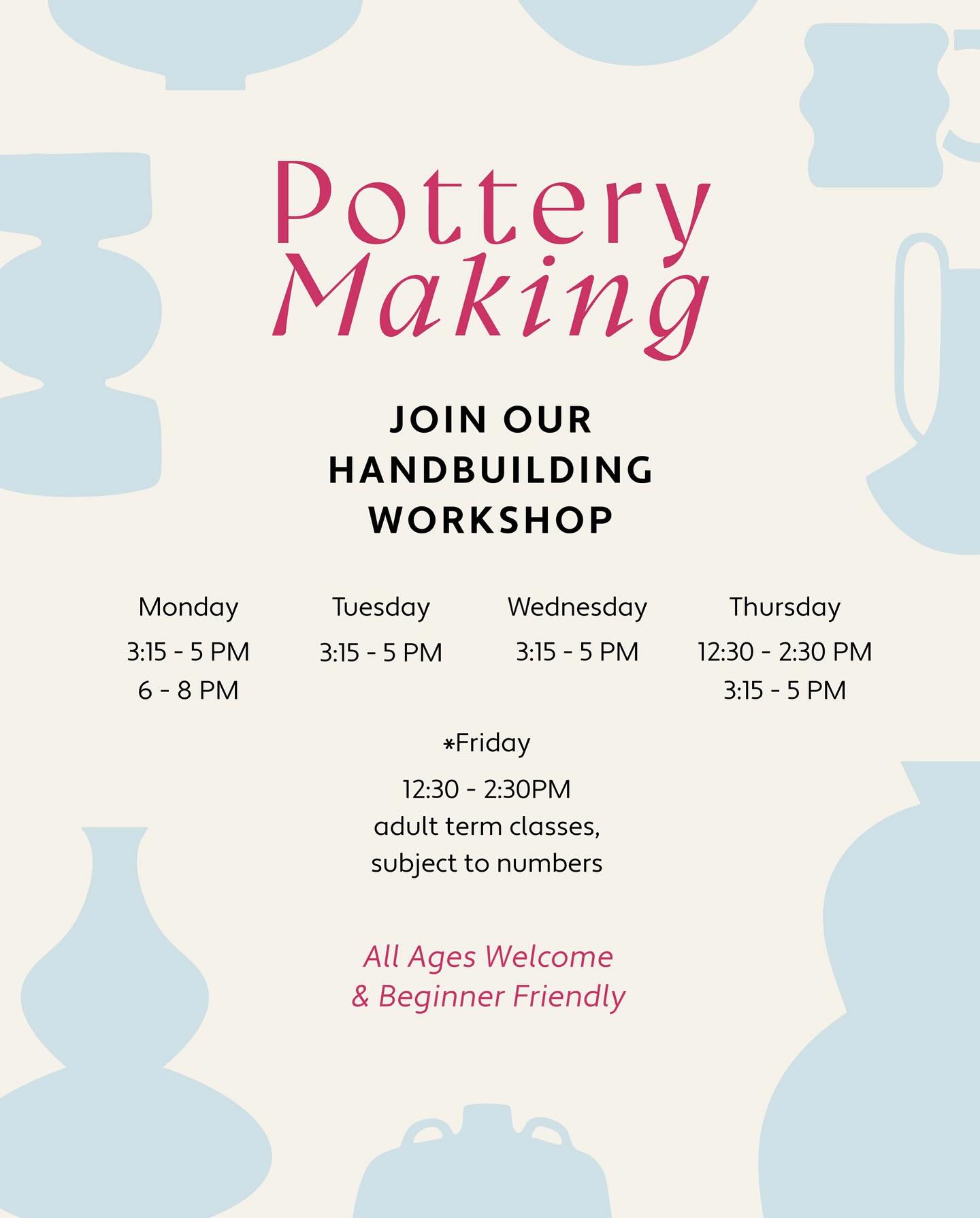 Our Pottery Workshops are for all ages and are beginner friendly!
See above the workshop times ⬆️
⭐️ Book through the link in our Bio ⭐️