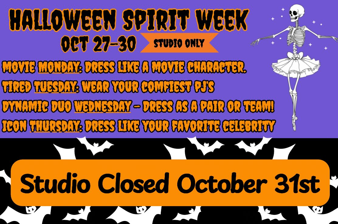 Our annual Halloween Spirit Week is creeping up fast! 👻🕺 Make sure you’ve got your costumes ready — we can’t wait to see your spooky, silly, and sparkly looks! 💀✨