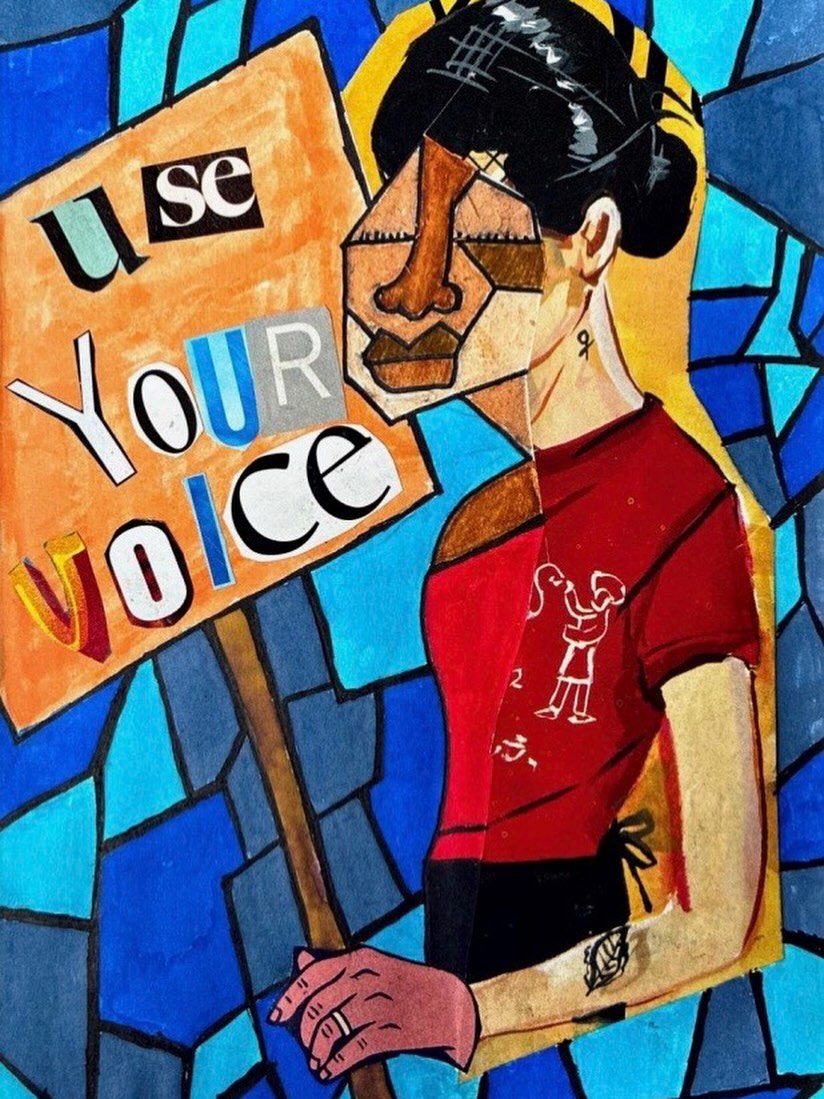 “Use Your Voice” was created as a response to #VoteThatJawn’s Summer Interns’ amazing work and the civic engagement and protest culture I heard in their conversations.
Recently, I’ve become captivated by stained glass. I’ve always been inspired
by African masks and geometric patterns, and I love collage.
Art is your voice: a powerful tool you can use for positive change.
—Faruq Nazeem Adger, @scribblism_art, Artist & Youth Leader