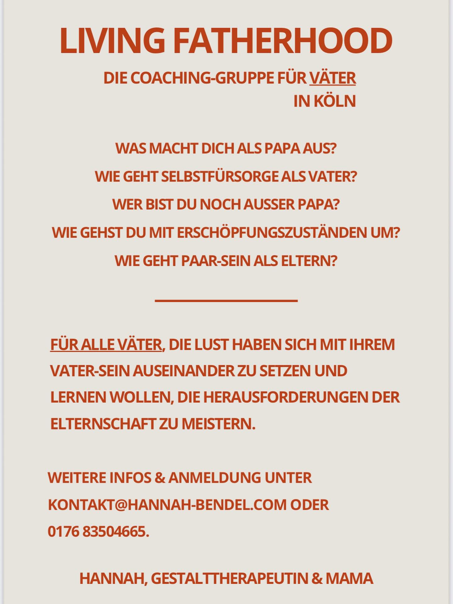 Das geht raus an alle Väter! 😃🙌🏼
Im November/Dezember gibt es noch Platz für eine „Living Fatherhood“ Coaching-Gruppe! Es ist die erste ihrer Art! ✨
Wer unter euch Papas hat Lust, sich in den letzten Monaten dieses Jahres mit seinem Vater-sein zu beschäftigen, andere Väter kennen zu lernen, neue Impulse für den Alltag als Papa mitzunehmen und gestärkt ins nächste Jahr zu gehen?
Der möge sich bei mir melden!
Die Gruppe findet in Köln-Klettenberg statt.
Für die genauen Termine, weitere Infos sowie Anmeldung schreibt mir bitte eine DM, meldet euch unter 0176 83504665 oder per Mail an kontakt@hannah-bendel.com.
Ich freue mich wie Bolle, wenn die Gruppe stattfindet! 😆
Die Plätze sind begrenzt!
Viele Grüße,
Hannah
#vaterschaft #fatherhood #coachinggruppefürväter #vätertreff #livingfatherhood #designingfatherhood #papasein #verbundenheituntervätern #mentalhealth #selbstfürsorge