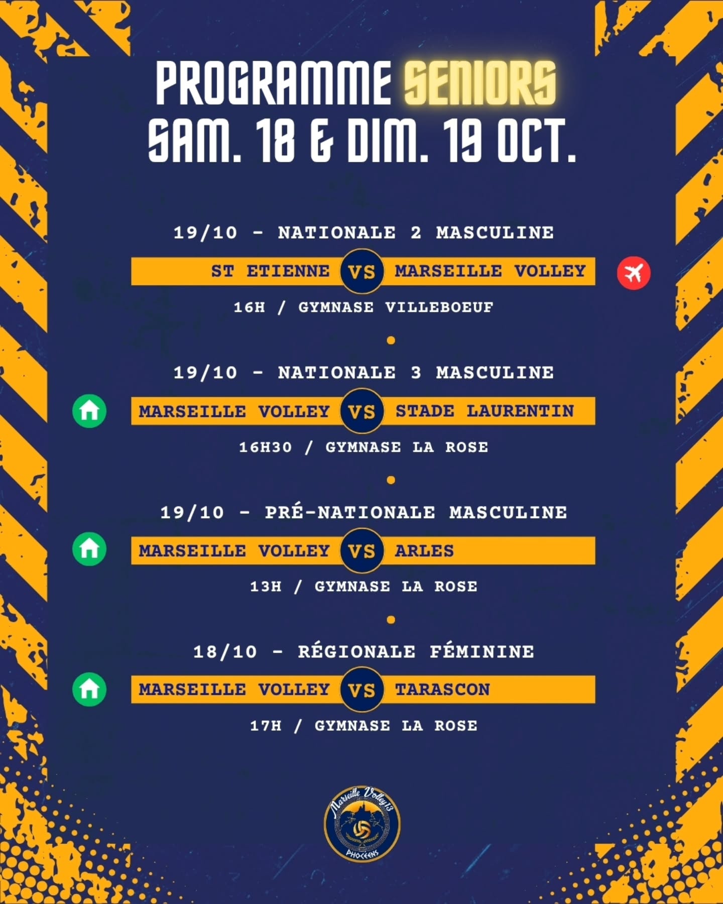 À domicile ou en déplacement, nos équipes de Marseille Volley sont prêtes à tout donner 💪
Venez les encourager et vibrer avec nous