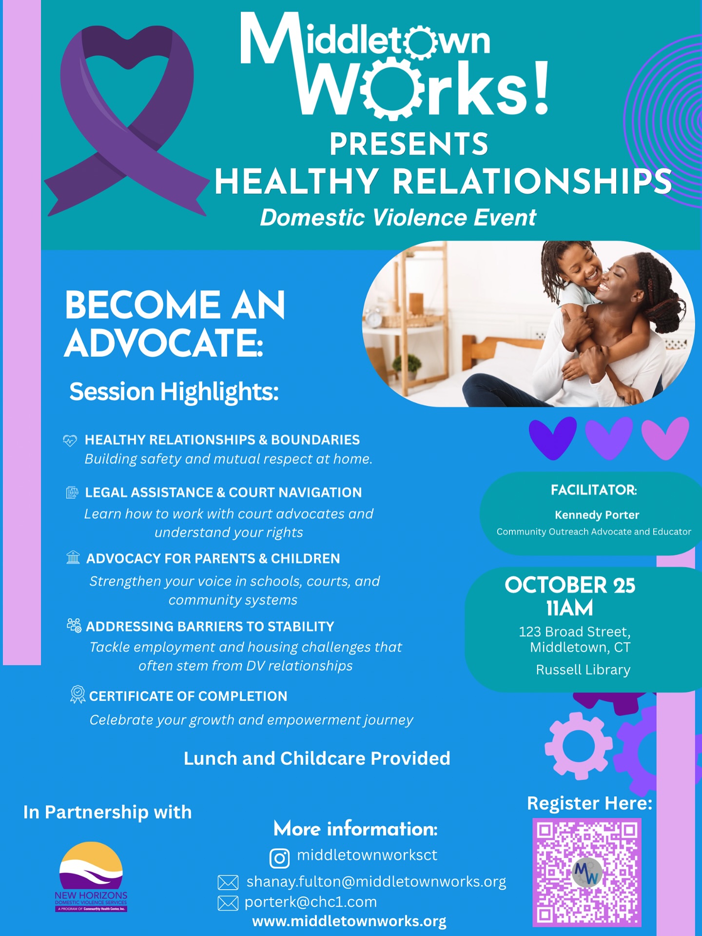 Join us next Saturday, October 25 from 11am-2pm as we close out #DomesticViolenceAwarenessMonth with a workshop for parents navigating the legal system. If you ever needed help…here’s your opportunity!
Lunch and Childcare will be provided.
Register at the link in bio or scan the QR code.
.
.
#SingleParents #DVAM #VictimAdvocates #Certification #GetCertified #MiddletownCT #MiddletownWorks #Meriden #MiddlesexCounty