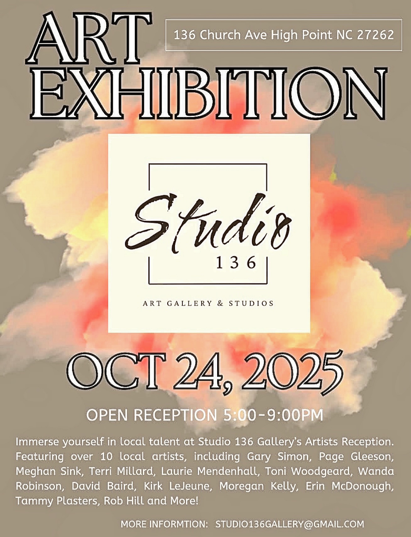 Come meet all the amazing artists showing Oct 24th 5-9pm at @studio136gallery and get inspired by the work they are creating!
With over 10 artists showing, you will get a great feel of the work being created locally.
Come mingle with our artist here in High Point on Church Ave on the same street as the sports stadium.
We invite you to walk through each studio room to see where art happens.
🎨
#supportlocal #artist #galleryart #color #oilpainting #acrylicpainting #sketch #pottery #woodcrafts @downtownhighpointnc @page_art.studios @garysimonci @terri.millard @meghansink22 #artexhibition @visithighpoint @highpointdiscovered @highpointxdesign @lauriemendenhall #artistoninstagram #highpointnc