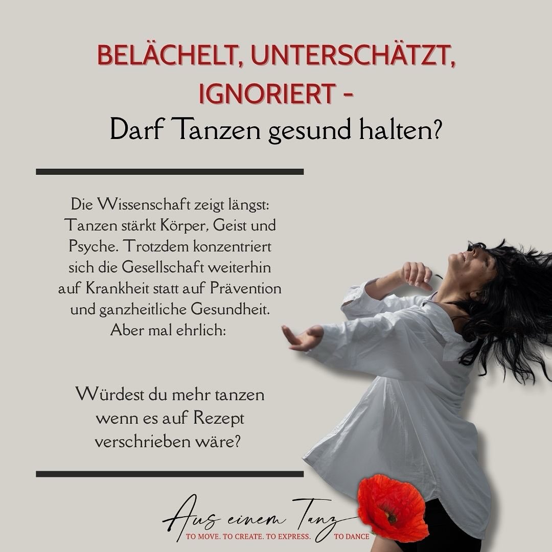 Vor ein paar Wochen hatte ich ja da so ein Erlebnis... 😖
„Tanzen ist kein Gesundheitsthema“- das war die Aussage mit der ich vor die Tür gesetzt wurde. Mitsamt meinen Flyer, meinem Wissen, meiner Vision.
Nun ja, du weißt, ich brenne für das was ich tue. Und wenn du mich herausfordern willst, hey, try me🥳
Ich habe mir die Mühe gemacht und recherchiert. Ich habe recherchiert und aus der Vielzahl an Studien, Büchern, Links und Untersuchungen ein paar Aussagen und Conclusionen zusammengetragen, die eine objektive Einschätzung zu Tanz und Gesundheitsförderung und -erhaltung tätigen.
➡️Denn auch wenn vieles dem ein oder anderen hellen Kopf bereits geläufig ist, ist es schön das alles so Black auf white zu wissen (btw für mich liebestrunkenen Tanzjunkie ist es auch ganz gut einmal die Wissenschaft auf seiner Seite zu wissen)
Bild dir gerne selbst eine Meinung, teile den Beitrag wenn er stimmig für dich ist und vor allem, bei all dem wissenschaftlichen Geplänkel, mach den Selbsttest, denn das ist immer der aller, aller, allerbeste Beweis für dich ganz persönlich.
Gerne tanz ich mit dir gemeinsam. Bis dahin, schau auf dich und lass dich nicht irre machen- wir (unsere Körper) wissen so viel mehr als man uns glauben lassen möchte♥️🌺🌞
#auseinemtanz #tanzen #gesundheit #wissenschaft #health #ganzsein #holistic #dancetherapy #tanztherapie #tanzenistgesundheit #wellbeing
