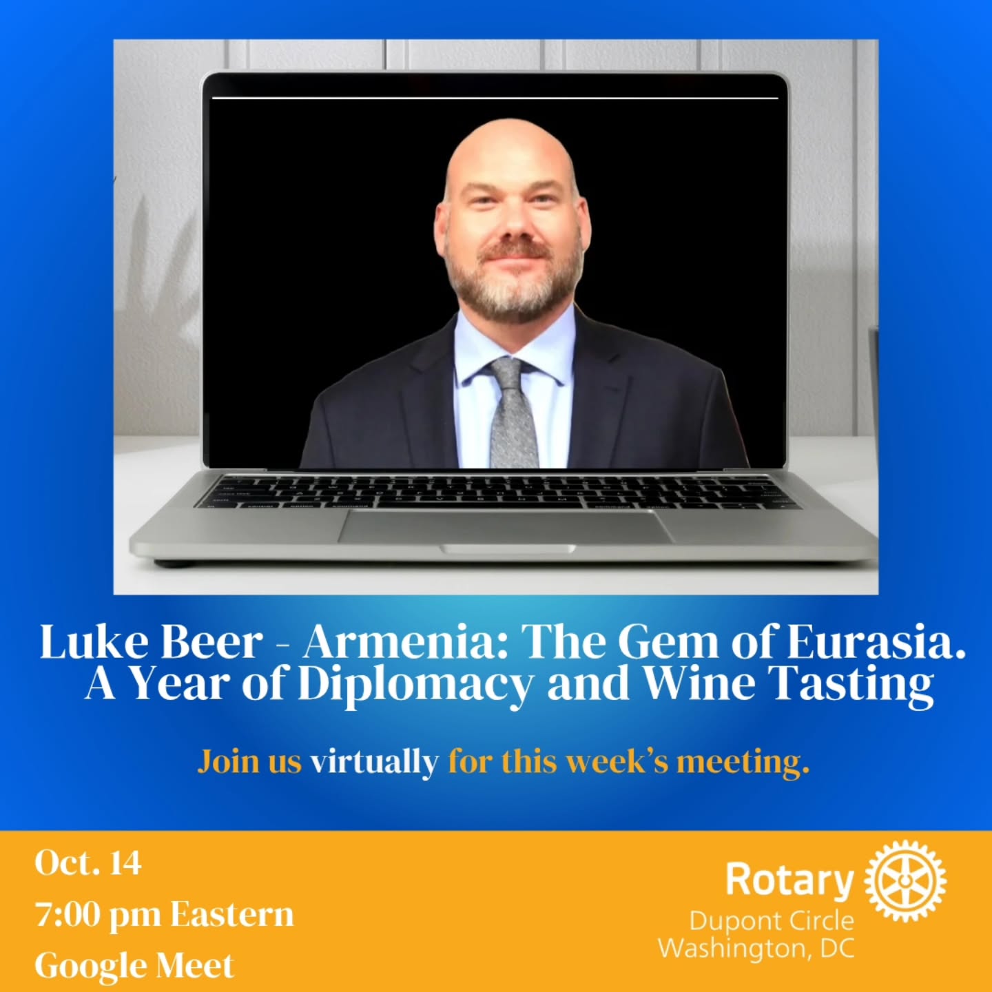 Join us online to hear from Luke Beer, Past President, Rotary Club of Dupont Circle, Washington DC. (2020-2022) and Past President & Founding Member Rotary Club of Kabul City. (2014-2015).
Luke Beer, originally from Barrie, Canada, is a former Rotarian of 14 years. At 17, he spent a year in India as a Rotary International Youth Exchange Student (2000). From 2012 to 2018, he lived in Kabul, Afghanistan, where he worked in development and logistics. During this time, he became a charter member and later the second president of the Rotary Club of Kabul City.
In 2017, Luke relocated to Washington, DC, to join his wife, Melinda. He became a member of the Rotary Club of Dupont Circle, where he served two terms as president during the Covid pandemic—a period that left him with lasting fondness for the District.
Most recently, Luke, Melinda, and their daughter Violet lived in Yerevan, Armenia, while Melinda served as a USAID Foreign Service Officer. There, Luke worked with the U.S. Department of State as a spouse and planned family adventures to medieval churches and artisanal vineyards.
Now based in Ventura, California, Luke enjoys raising Hereford cattle, scuba diving, travel literature, and wandering through any museum that is
open.
Time: 7:00 - 8:00 pm
Location: Google Meet
Video call link: https://meet.google.com/xfo-wxey-vcv
Or dial: (US) +1 218-481-8652 PIN: 671 855 318#
More phone numbers: https://tel.meet/xfo-wxey-vcv?pin=2406371687023
See you online!
#dupontrotary
#serviceaboveself
