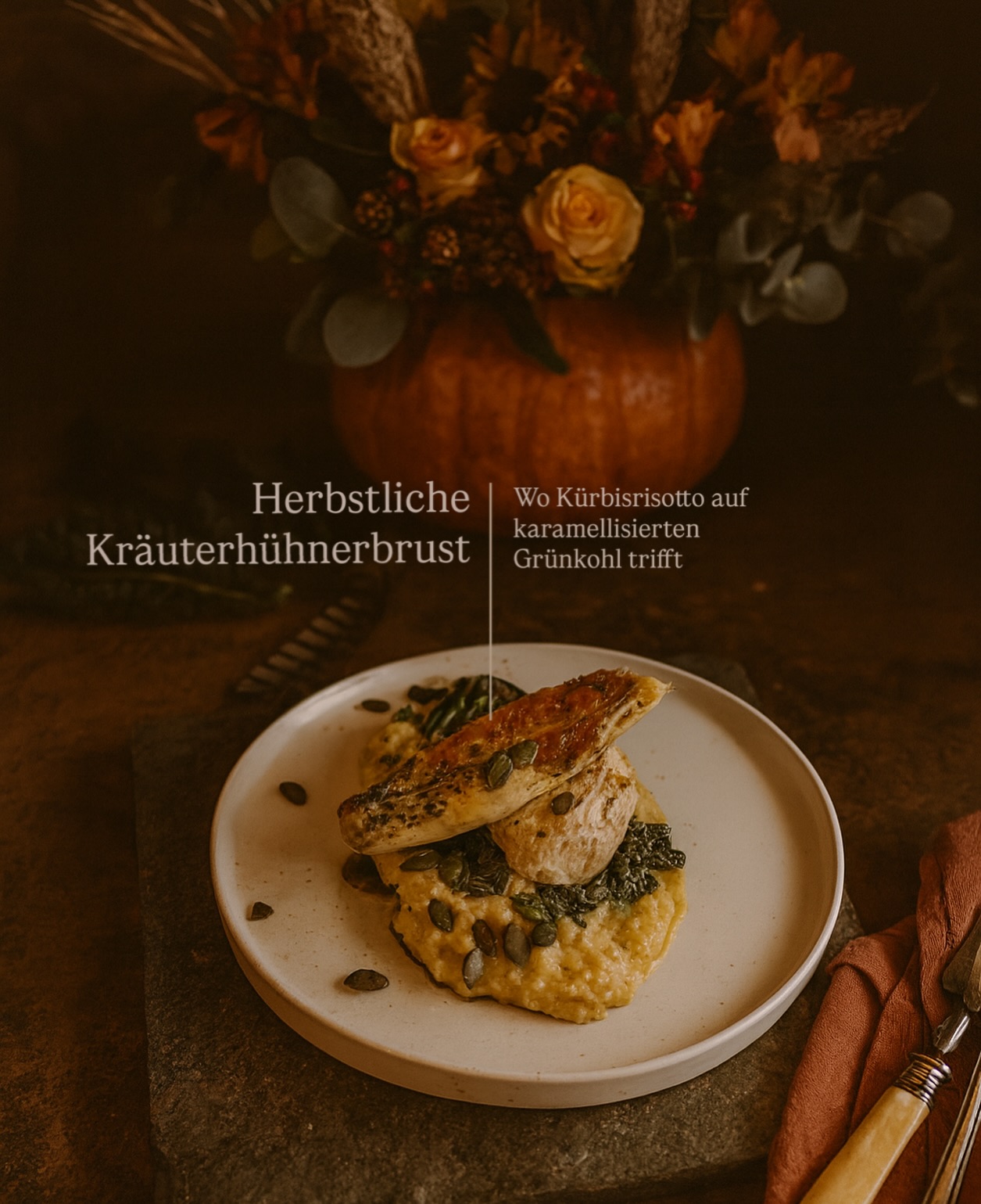 🥬 🟠 Wenn Risotto auf Kürbis und Grünkohl trifft, wird’s herbstlich – und erstaunlich leicht.
Zart gebratene Kräuter-Hühnerbrust, cremiges Kürbisrisotto und karamellisierter Grünkohl:
Ein Trio, das Wärme schenkt – und Energie.
Denn Grünkohl zählt zu den nährstoffreichsten Herbstgemüsen überhaupt.
Reich an Vitamin C, Eisen und Antioxidantien bringt er nicht nur Farbe, sondern echte Kraft auf den Teller.
Für alle, die den Herbst genießen wollen – mit Geschmack und gutem Gefühl.