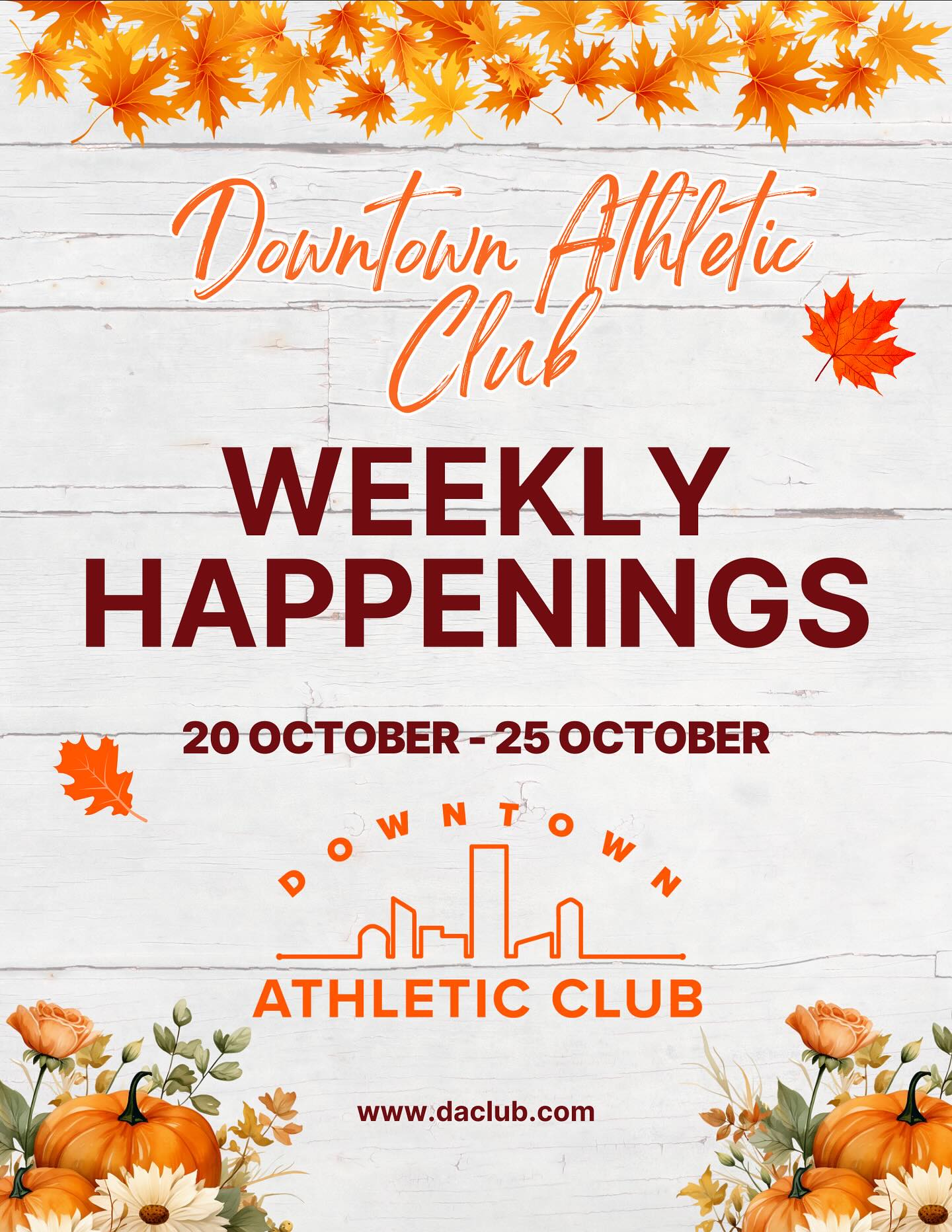 Here’s what’s happening this week at the DAC! 🍂
We’ve got a full lineup and a few fun new things you won’t want to miss:
• October Teacher Promotion – Nominate a local teacher for a chance to win a 6-week free membership!
• Updated Group Fitness Schedule
• Halloween Bingo Challenge – Grab a card at the front desk and start knocking out those spooky fitness squares!
• Run Club – Join us Thursday at 6:00 PM for our group run — members are free!