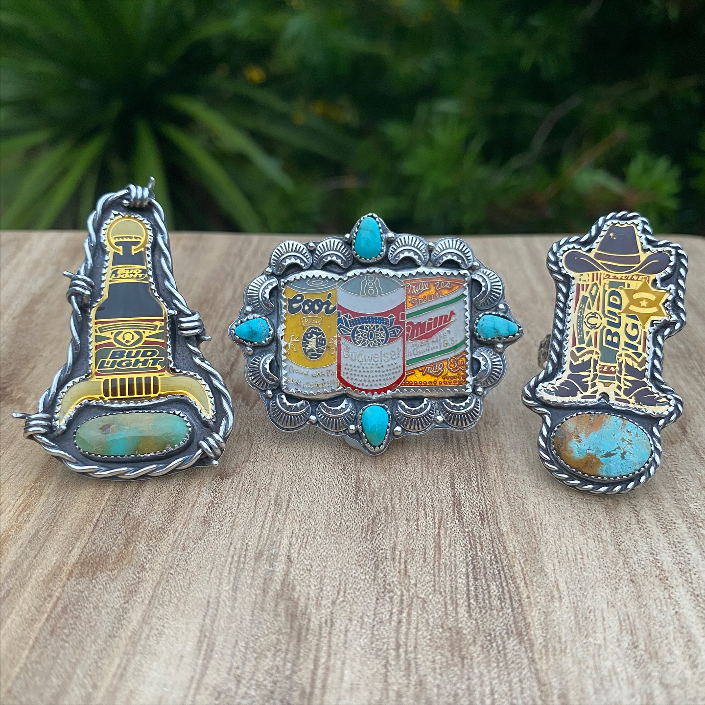 Here for a cold one 🍻✨Vintage beer pins, turquoise, sterling silver, and a whole lot of attitude. Serving up bar-top bling mixed with outlaw luxury. 🤠
.
NFS - these are customs. However these put me in the mood to make more beer pin pieces, so I’ll be making more soon!