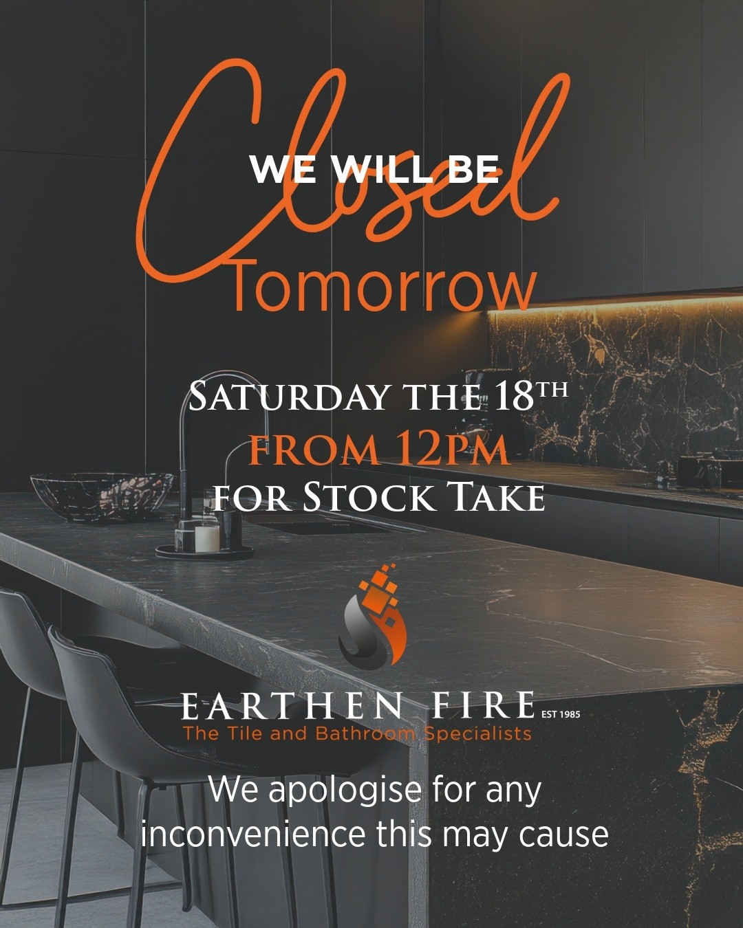 🛠️ Closed for Stock Take — Tomorrow Only 🛠️
We’ll be taking a short pause tomorrow for our stock take to ensure everything is perfectly in order. We apologise for any inconvenience this may cause. 🙏
Thank you for your understanding and continued support.
#EarthenFire #StockTake #StoreUpdate #LuxuryBathrooms #ZimbabweDesign #ShowroomNotice #RefinedLiving