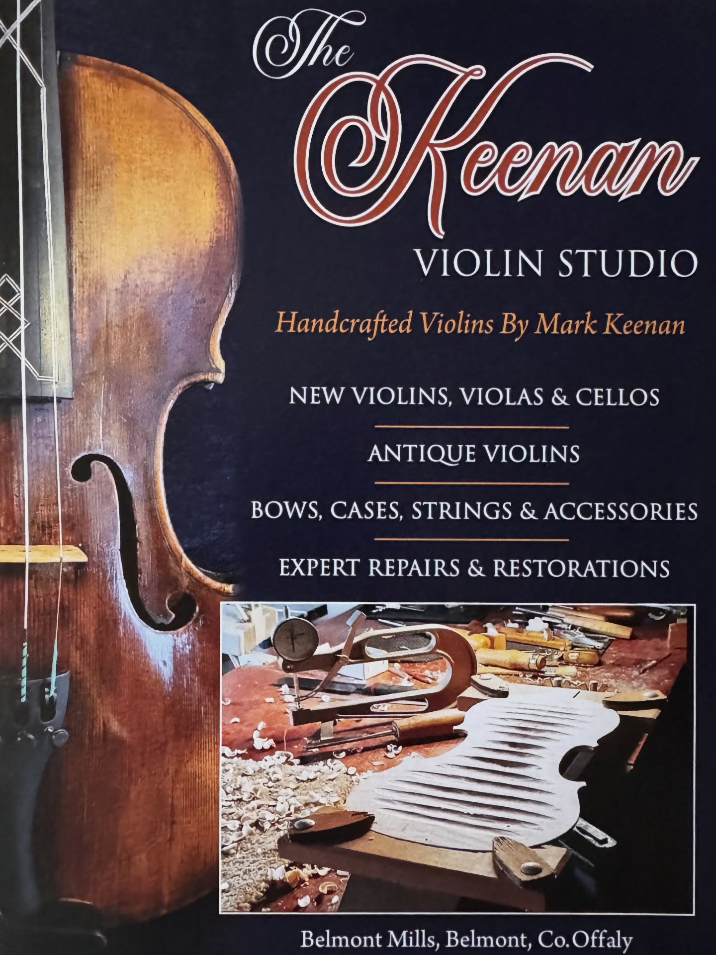 MARK KEENAN
Violins, Violas & Cellos
www.keenanviolins.com
📍Belmont, Co. Offaly
087-6249906
Quality instrument care is essential for every developing musician, which is why St. Angela’s Academy places great trust in the expertise of master luthier Mark Keenan in County Offaly.
Mark is a highly skilled craftsman, specialising in the restoration and repair of violins, violas, and cellos. We highly recommend his expertise to any parent or student considering the purchase or maintenance of a string instrument.