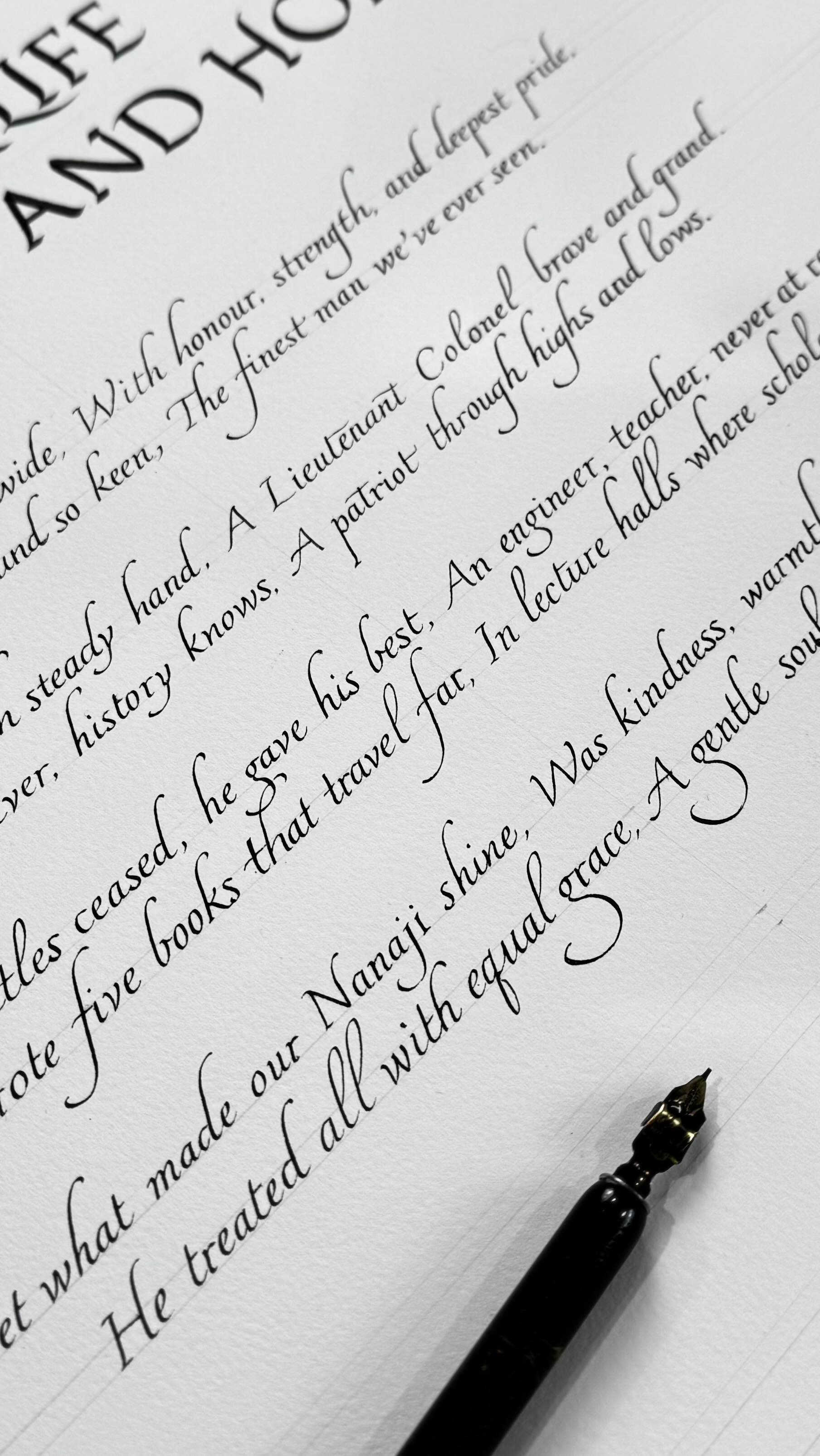 ๐ง๐ต๐ฎ๐ ๐๐๐ถ๐น๐น๐ป๐ฒ๐๐ ๐ฎ๐ป๐ฑ ๐ฎ ๐บ๐ผ๐บ๐ฒ๐ป๐ ๐ผ๐ณ ๐๐ถ๐น๐ฒ๐ป๐ฐ๐ฒ ๐ฏ๐ฒ๐๐๐ฒ๐ฒ๐ป ๐ฏ๐ผ๐๐ต ๐ถ๐ป-๐ฝ๐ฒ๐ฟ๐๐ผ๐ป ๐ฎ๐ป๐ฑ ๐ผ๐ป๐น๐ถ๐ป๐ฒ ๐ฐ๐น๐ฎ๐๐๐ฒ๐.
๐ค
While the studio was filled with the rhythm of pointed pens and gilded leaves, I worked on several commission works and this is one of them, itโs a little different, an obituary poem written by children for their beloved Nanaji.
It reminded me that calligraphy isnโt only about form and flourish, itโs also about giving shape to love, memory, and grief in the gentlest way possible. It is also a way to keep someoneโs light alive.
Creating this piece while teaching the Foundation to Calligraphy and Illuminated Realms courses made me reflect again on why I do what I do, to preserve meaning through beauty, even in farewell.
Paper: BFK Rives, Paper size: 560 mm x 760 mm
Nib: Text in Mitchell #5, Title in Speedball