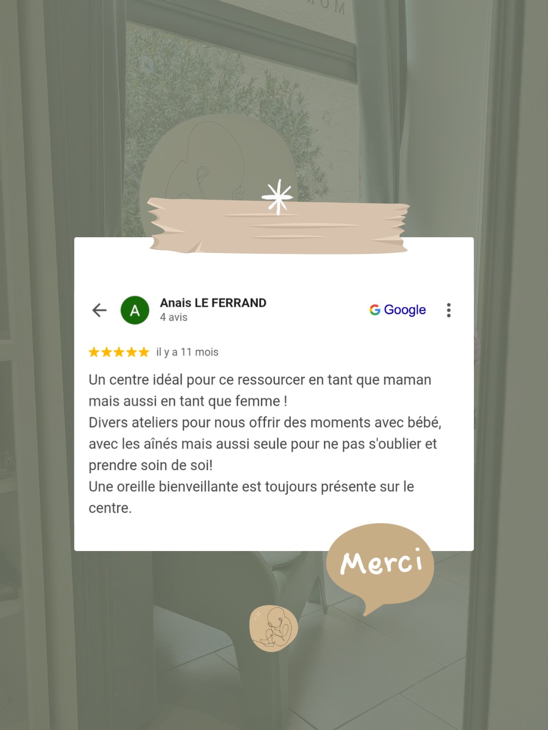 🙏 Merci pour vos avis 🌟
Parce qu’ils comptent.
Parce que vous comptez.
Chaque retour, chaque mot, chaque partage d’expérience nous touche profondément 💛
Au Centre Périnatal, nous ne sommes pas une simple lieu de rendez-vous : nous sommes une entreprise passionnée, engagée, profondément humaine.
Vos avis nous guident, nous motivent et nous rappellent chaque jour pourquoi nous faisons ce métier.
Accompagner les (futurs) parents dans cette période si particulière de la vie est un privilège.
Merci de faire vivre ce lieu avec vos mots, vos émotions et votre confiance.
Continuez à nous laisser vos avis, ils sont précieux et inspirants pour les familles qui découvrent notre centre. ✨
⭐ AVIS GOOGLE ⭐
Avis :
"Un centre idéal pour ce ressourcer en tant que maman mais aussi en tant que femme !
Divers ateliers pour nous offrir des moments avec bébé, avec les aînés mais aussi seule pour ne pas s'oublier et prendre soin de soi!
Une oreille bienveillante est toujours présente sur le centre."
Réponse :
Merci pour ce témoignage, Anais ! 💖 Nous sommes ravis que notre Centre périnatal soit un lieu où tu te ressources, tant en tant que maman qu’en tant que femme. Nos ateliers sont pensés pour favoriser des moments de qualité avec ton enfant et pour te permettre de te recentrer sur toi-même. 🌷 Au plaisir de te retrouver bientôt parmi nous !
| Morgane Lemahieu et toute l'équipe du Centre périnatal de Brignoles