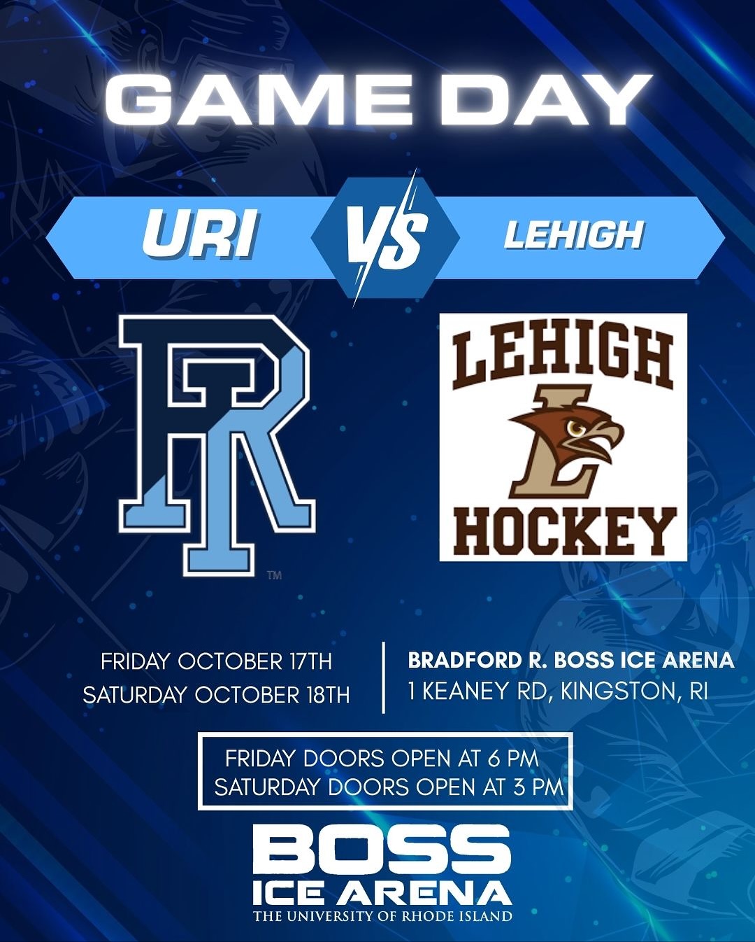 Starting the weekend off with URI Men’s Hockey vs @lehighuhockey Here is everything you’ll need to know before the games. Puck drop is at 7 PM on Friday and 4 PM on Saturday. No outside food or beverage & no re-entry! See you there Rams! 🐏🥅