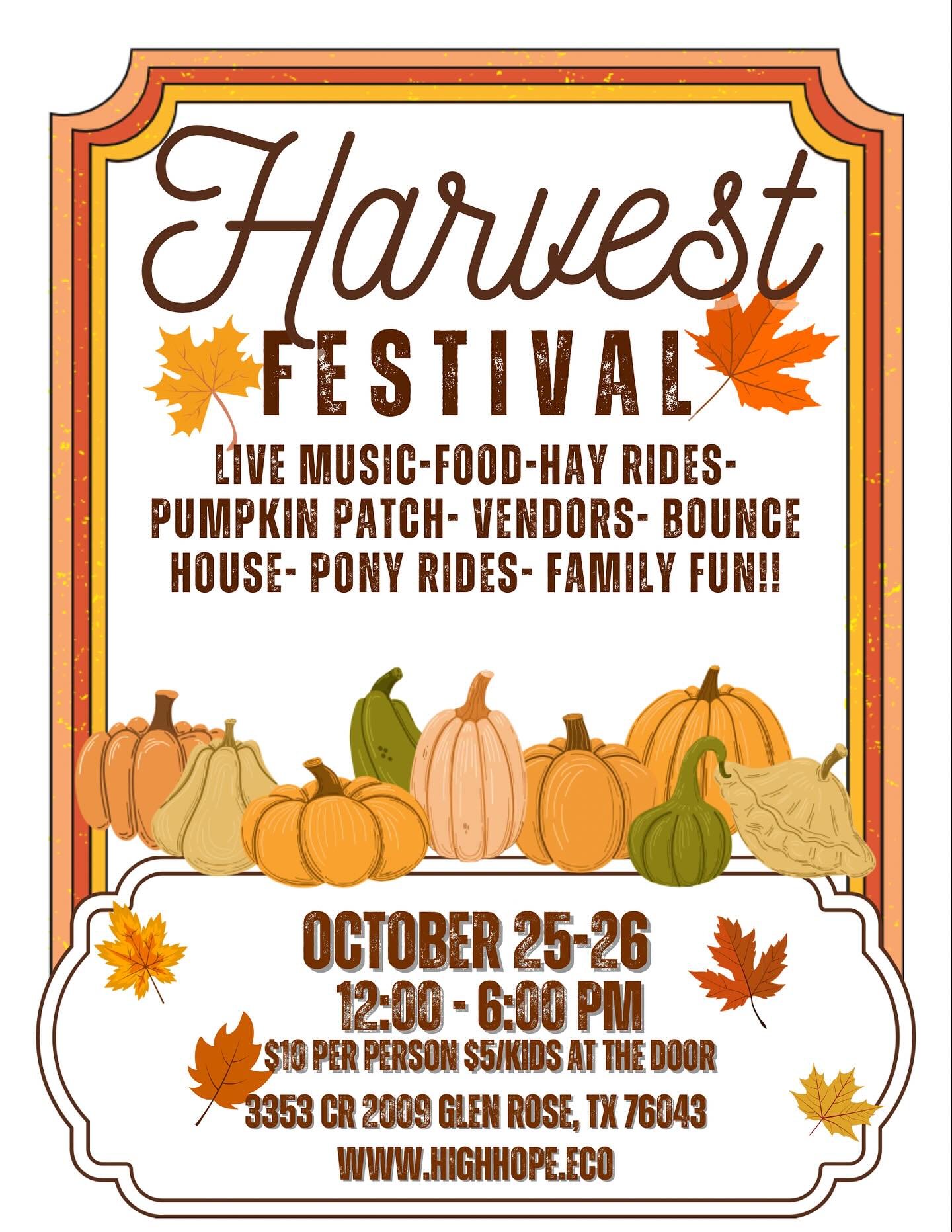 We are ON for this weekend! We’ve adjusted the times for this weekend to 12:00-6:00pm
We will have pony rides, vendors, a face painter, bounce house and giant slide, hay rides, pumpkin patch, petting zoo, you pick em flowers, live music, and more!
3353 CR 2009
Glen Rose, TX 76043