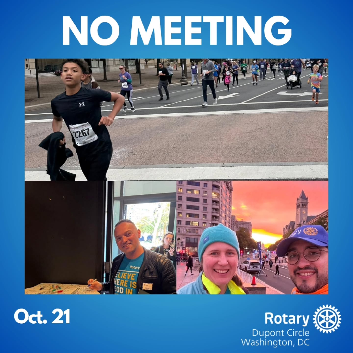 There will not be a meeting tomorrow. From Silver Spring to Pennsylvania Ave, our club was active this weekend! Tony is pictured signing the Emma’s Torch capital campaign fundraising thermometer on Friday morning. Gui and Kristin volunteered to cheer on the racers in the Children’s National 5k on Saturday morning. The sunrise was as amazing as the kids/runners in the race. And we have a few more members volunteering later this week. See you next week at the Red Line Happy Hour. #dupontrotary #serviceaboveself