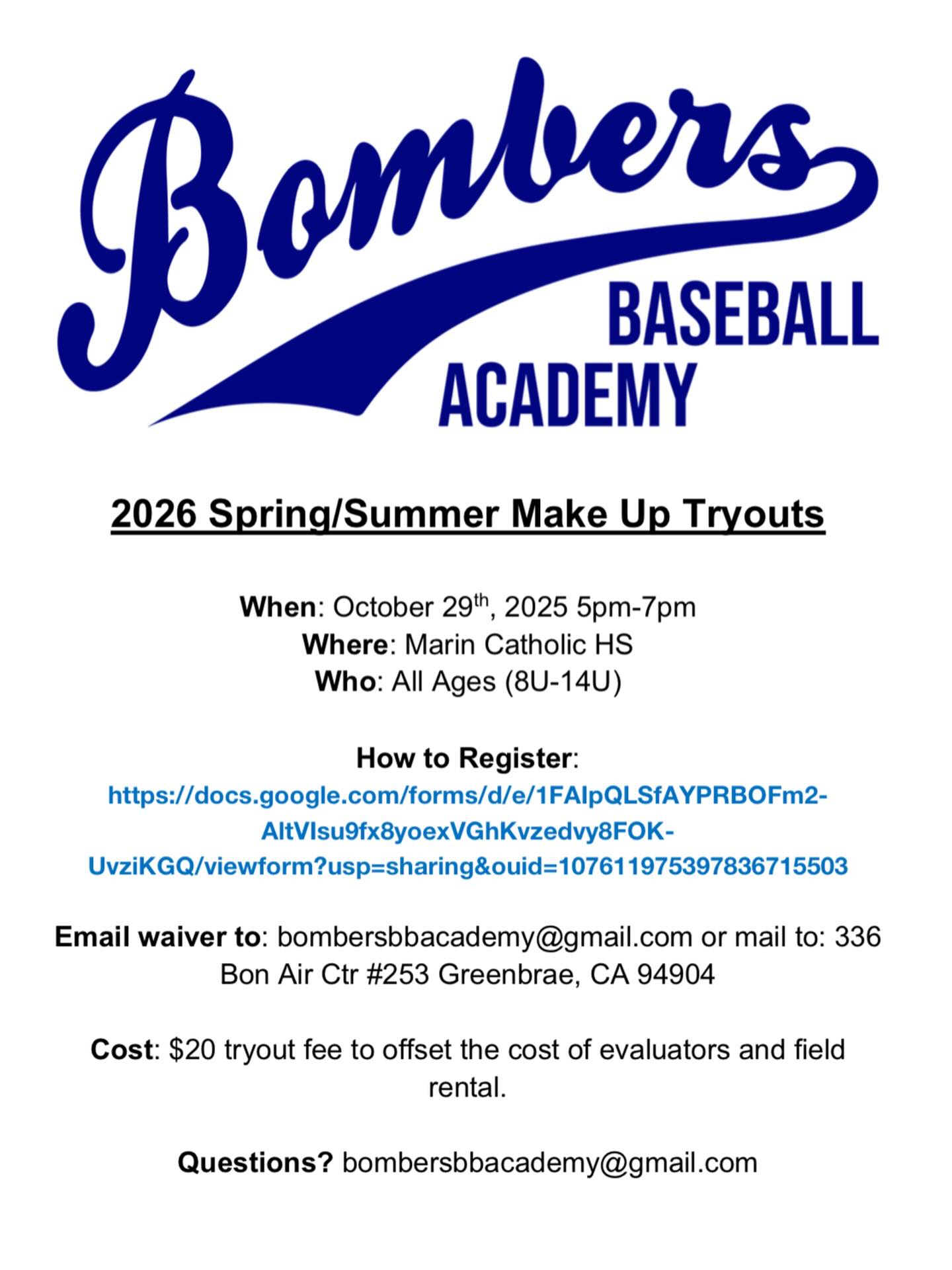 Space will be limited so coaches and evaluators encourage all interested players to come to Sunday’s official tryout. #bombersbaseballmarin
