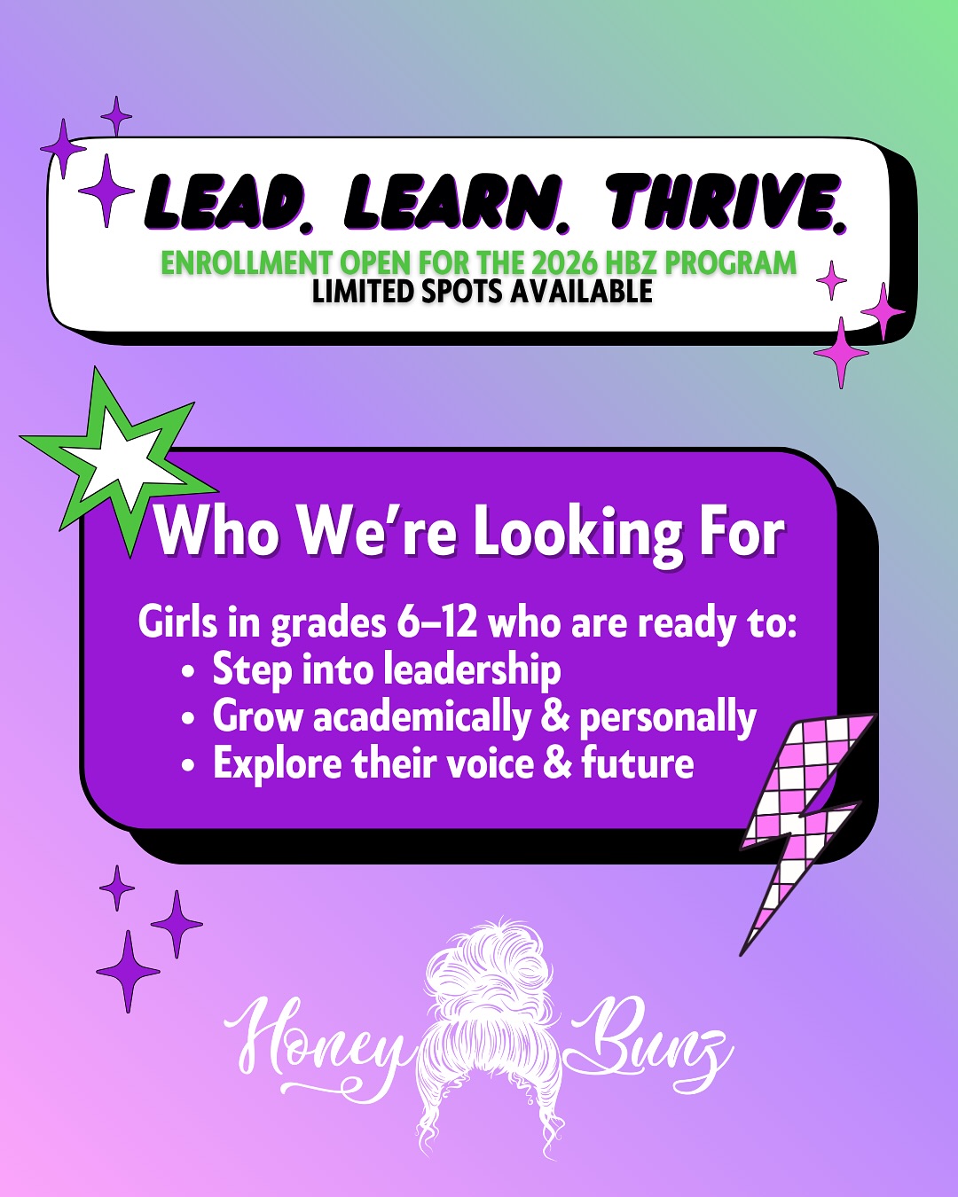 Enrollment is open for the 2026 Honey Bunz (HBZ) Membership Program! 🩷💜💚🖤
HBZ is a year-round program beginning January 2026, created for girls in middle and high school who are ready to build confidence, leadership, and purpose. 🩷✨
Once accepted, members can continue with HBZ each year until graduating high school, as long as they stay active and engaged. 💜✨
We’re welcoming new participants with only 10 spots per grade level. 💚✨
Free membership | Meaningful experiences | Real community 🖤✨
Apply today at honeybunz.org/join or tap the link in our bio. 🫂✨
Enrollment deadline is Dec 31st.
Applicants are notified within 2 weeks.
#HoneyBunz #HBZProgram #GirlsWhoLead #EmpowerHer #HBZEnrollment