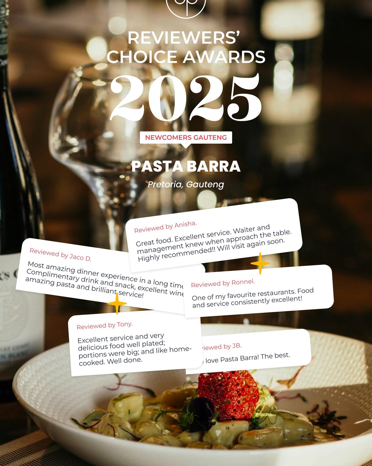 🎉 We’re thrilled to announce Pasta Barra has been awarded a Dineplan Reviewers’ Choice Award for 2025!
This incredible recognition is thanks to our amazing customers—your heartfelt reviews and ongoing support inspire us every day. To our dedicated team, your passion and hospitality make Pasta Barra truly special.
Here’s to many more memorable moments together!
📍 114 Bronkhorst St, Nieuw Muckleneuk
Book your table: Link in bio or call 012 030 1120
#PastaBarra #DineplanAwards #TasteThePassion #FineDining #PretoriaRestaurants #ThankYou #MediterraneanMagic