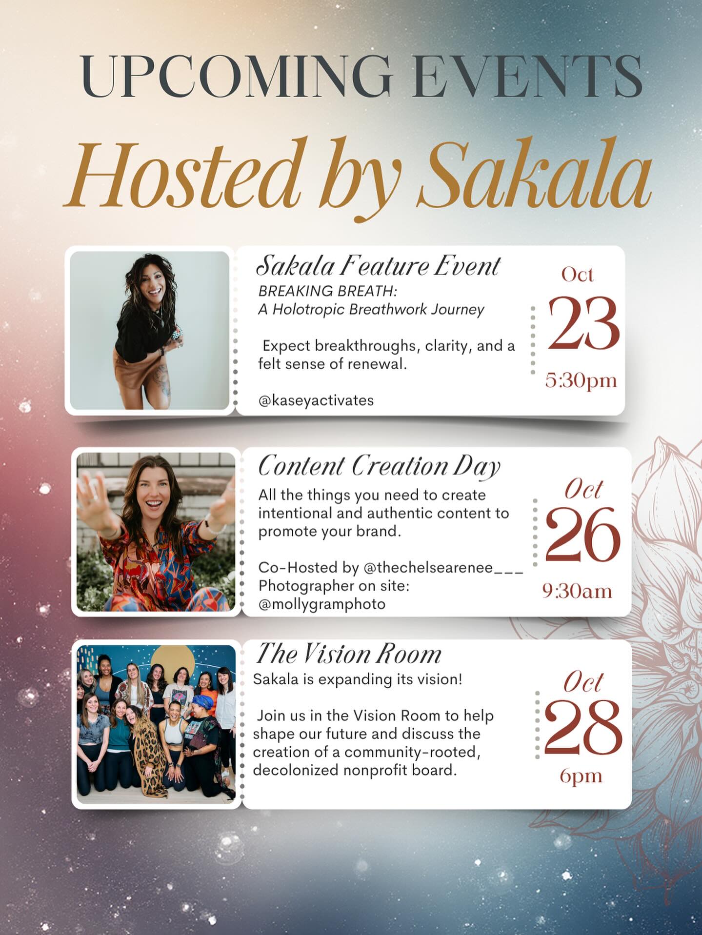 Sakala isn’t just a space- it’s a growing community. 🌸
Alongside the many events we host in our space, we also curate our own lineup of experiences designed to nurture connection, creativity, and conscious growth.
Here’s what’s coming up this month, hosted by Sakala:
🌀 Oct 23 at 5:30pm we have our SAKALA FEATURE EVENT: Breaking Breath: A Holotropic Breathwork Journey with @kaseyactivates
Join us for an evening of breakthroughs, gaining clarity, and leave with a newfound sense of renewal.
📸 Oct 26 at 9:30am - CONTENT CREATION DAY hosted by Sakala & @thechelsearenee____ with support from @mollygramphoto as our photographer.
Receive stunning new brand photos that capture your magic- for a fraction of the cost of a full shoot.
⚡️Oct 28 at 6pm- Join us in THE VISION ROOM-
a community gathering to co-create Sakala’s next chapter and transition into a community-rooted decolonized non profit board.
Join us for these Sakala-hosted events and be part of our evolving vision. ✨
Click the link in bio to sign up to what calls to you!
#SakalaCommunity #denverbreathwork #breathworkevents #HolotropicBreathwork #denverentrepreneurs #entrepenuersofdenver #womeninbiz #ContentCreationDay #TheVisionRoom #nonprofitsofinstagram #denvernonprofits #breathworkdenver #denvercontentcreator #denveryoga #yogadenver