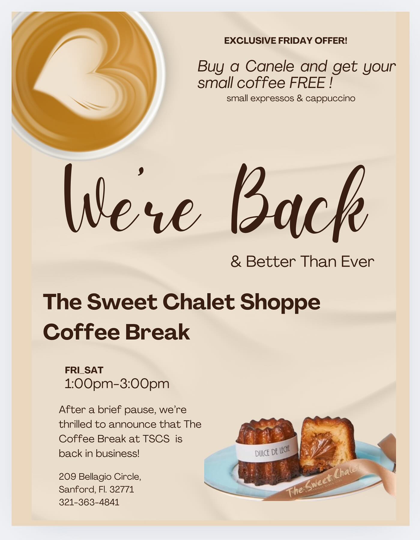 Ready to try again the delicious and unique Canelè!?! Join us today and tomorrow for a delicious treat! We will also serve a special VANILLA OAT MILK CREAM EXPRESSO with it!! This afternoon and tomorrow noon! See you here!