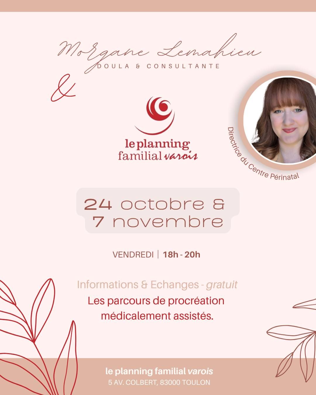Retrouvez-nous !
Morgane Lemahieu, au Planning Familial Varois les 24 octobre et 7 novembre de 18h à 20h
pour deux soirées d’informations et d’échanges gratuites autour des parcours de procréation médicalement assistés (PMA).
Aux côtés de la Directrice du Centre Périnatal de Brignoles - Doula spécialisée en PMA, nous aborderons ces parcours souvent sensibles avec une approche humaine et bienveillante, pour accompagner au mieux celles et ceux qui les traversent.
📍 Planning Familial Varois – 5 avenue Colbert, Toulon
#PMA #Périnatalité
