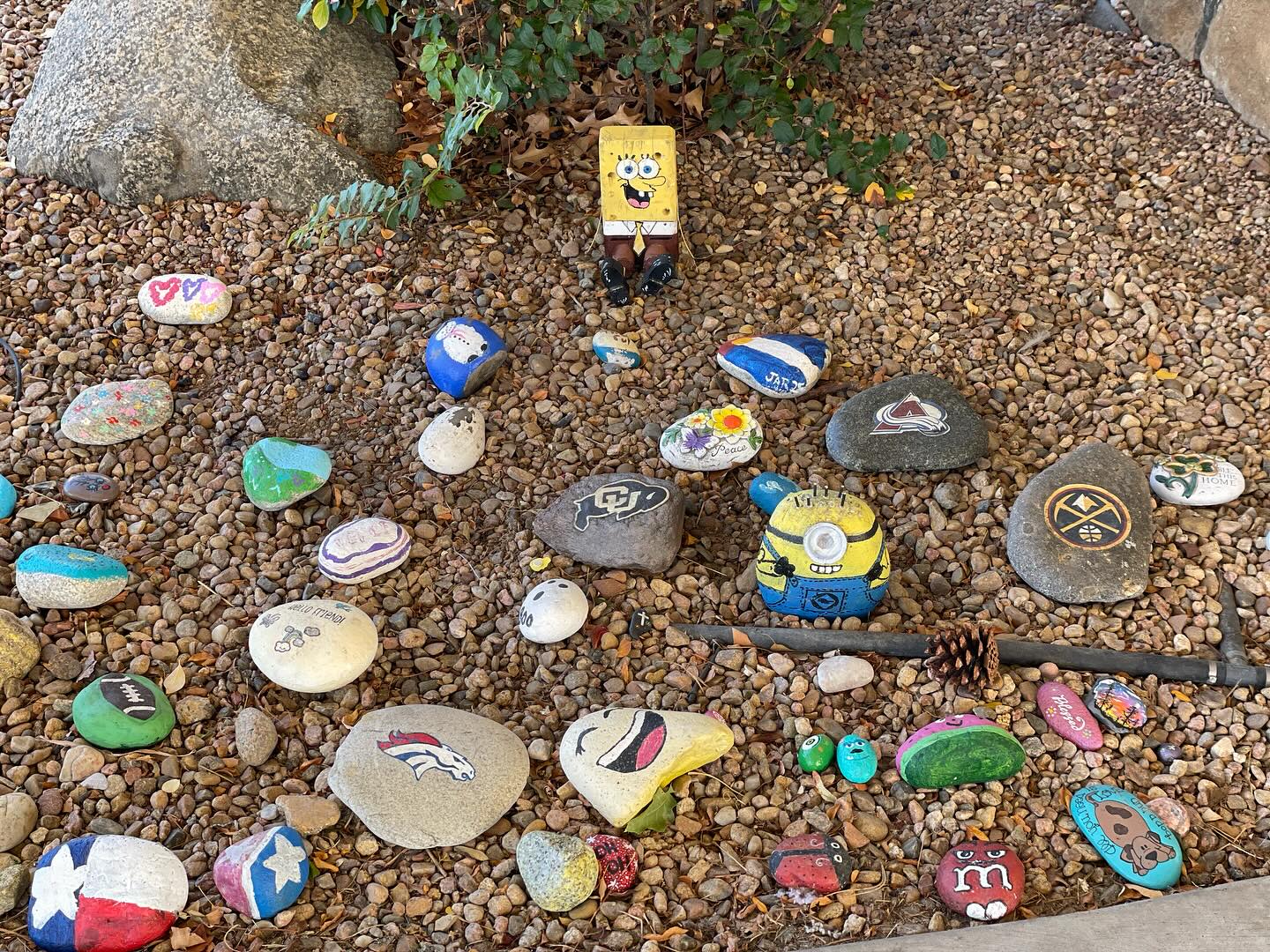 A super cute rock garden seen at one of the communities we visited this week. #spongebob