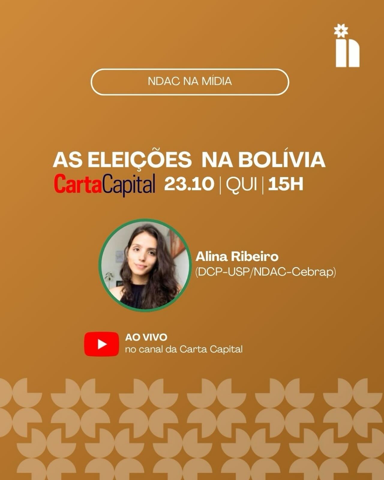 Nesta quinta, 23 de outubro, às 15h, Alina Ribeiro, pesquisadora do Núcleo de Democracia e Ação Coletiva (NDAC) e doutoranda em Ciência Política conversa com a CartaCapital sobre as eleições gerais de 2025 na Bolívia.
A entrevista será transmitida ao vivo no canal da CartaCapital no YouTube.