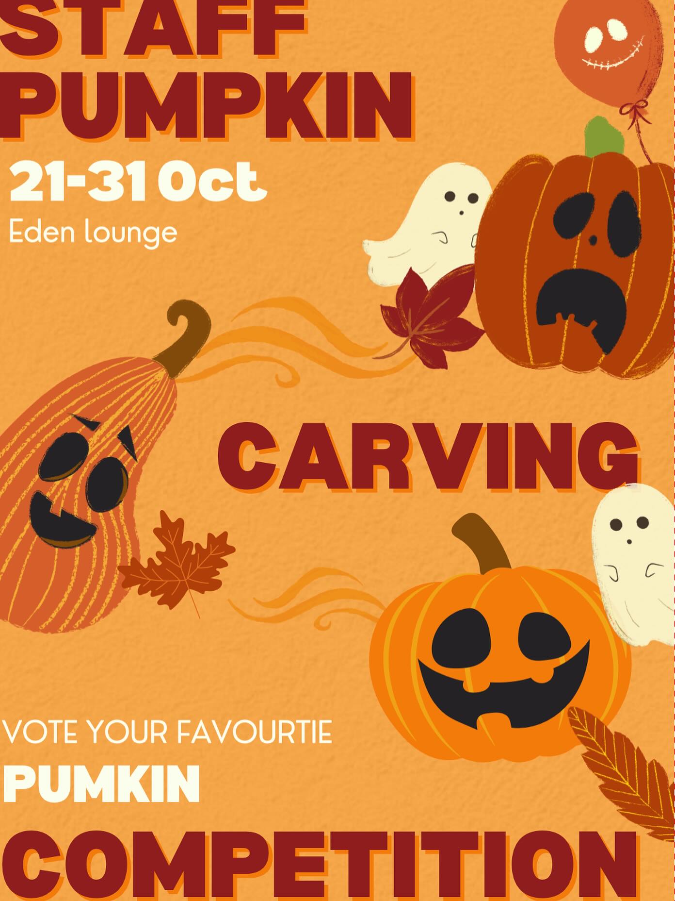 🎃STAFF PUMPKIN CARVING COMPETITION🎃 come have a look at our pumpkins display in salon and go to reception desk to vote for your favourite pumpkin winner announced on Halloween