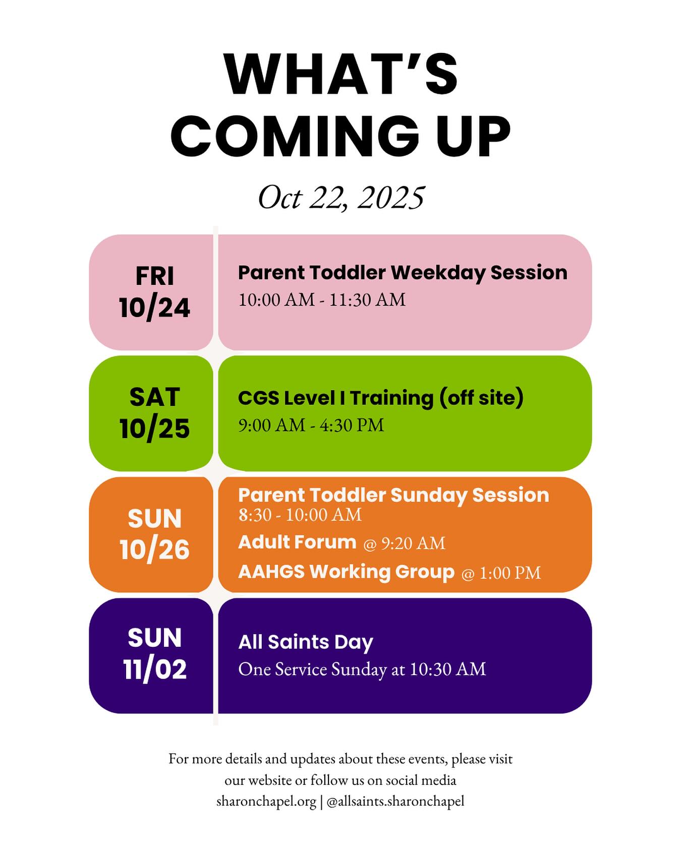 What’s coming up at ASSC! 🗓️ Join us for Parent Toddler sessions, Adult Forum, and more.
Don’t forget to mark your calendars for our special All Saints Day celebration on Sunday, November 2nd, with one combined service at 10:30 AM.
See the post for all dates and times. For more information, visit sharonchapel.org.
#AllSaintsSharonChapel #SharonChapel #AlexandriaVA #ChurchCommunity #AllSaintsDay