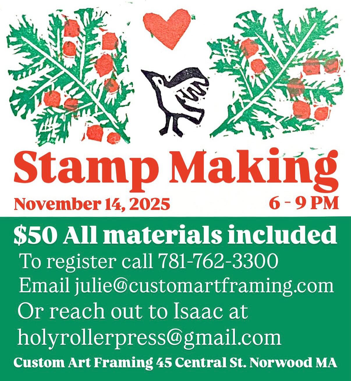 Stamp Class this Friday night 6:00-9:00 PM. Leave your mark on homemade wrapping paper, cards and envelopes!
Fun and relaxing, no prior experience necessary. Call us to reserve your seat!