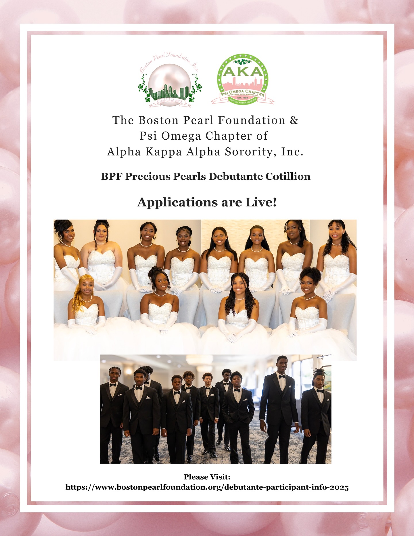 Debutante and Escort Applications are live!
Please Visit:https://www.bostonpearlfoundation.org/debutante-participant-info-2025
Applications are due November 2, 2025.
Email preciouspearls2026@gmail.com with any questions.