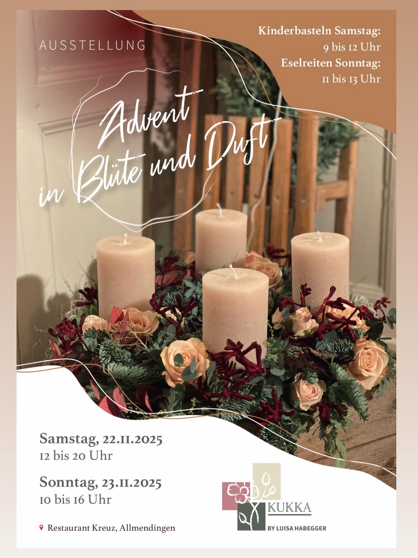 🌲Adventsusstellig im Restaurant Kreuz🌲
D Chinder dörfe am Samsti scho uf di 9i cho bastle u sech kreativ cho usläbe! Am Sunnti gits für di chline Eselirite! 🫏
Für die Erwachsnige gits viu zum luege zum gänggele u natürlech ganz feine Glüehwy zum gniesse! 🎁
Mir fröie üs über jede Bsuech und uf nes tolls Adventswucheend!
#adventsausstellung #thun #allmendingen #floristik #anlass #bäckerei #blumen #adventskranz #event #advent #weihnachten