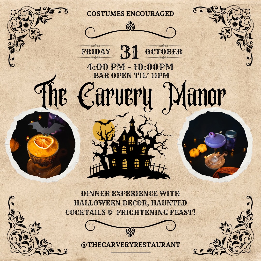 Trick or treat… or feast 👀🎃
Join us Friday, October 31st from 4PM–10PM for a haunted dining experience like no other. Bar open until 11PM.
The Carvery Manor will be serving creepy cocktails, spooky vibes, and a devilishly good dinner.
Costumes are highly encouraged — don’t ghost us. 👻
🕸 Make your reservation now.
.
.
.
.
.
#TheCarveryRestaurant #HalloweenFeast #LongBeachEvents #HauntedEats #SpookySeason #CocktailsAndCostumes #CarveryManor