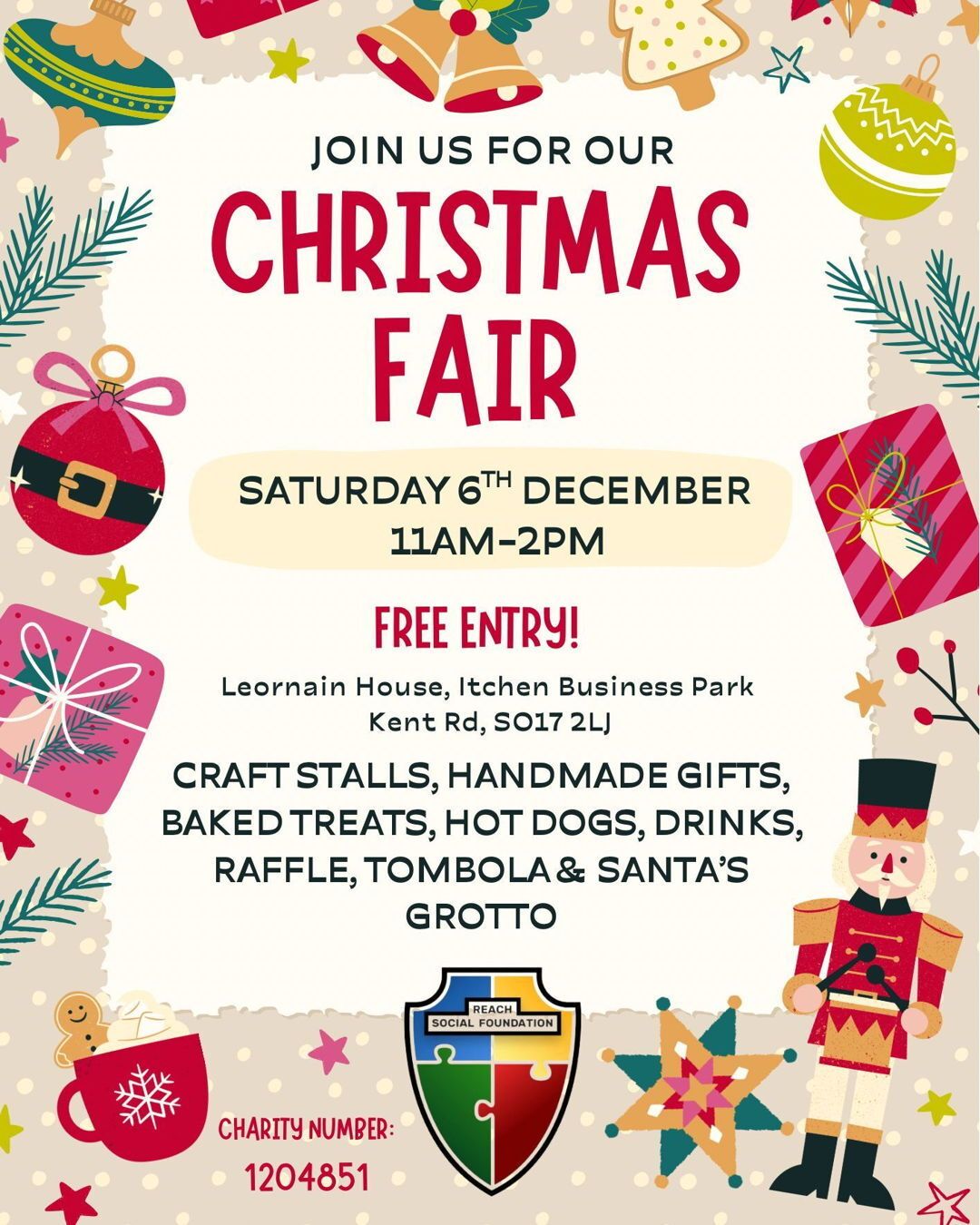 Join us for our Christmas Fair! 🎅
Get into the festive spirit with Reach on Saturday, 6th December, 11am-2pm at our HQ in Southampton - and the best part? It’s completely FREE to come along!
Enjoy:
🎁 Craft stalls & handmade gifts
🍰 Baked treats, hot dogs & refreshments
🎟 Raffle, tombola & Santa’s Grotto
It’s the perfect chance to pick up unique Christmas presents, enjoy some festive fun, and support our work empowering adults with learning disabilities.
Come along, bring your friends and family, and make a difference this Christmas! 💛
#SocialEnterprise #Southampton #Hampshire #LearningDisabilities #LearningDisability #SouthamptonBusiness #Charity