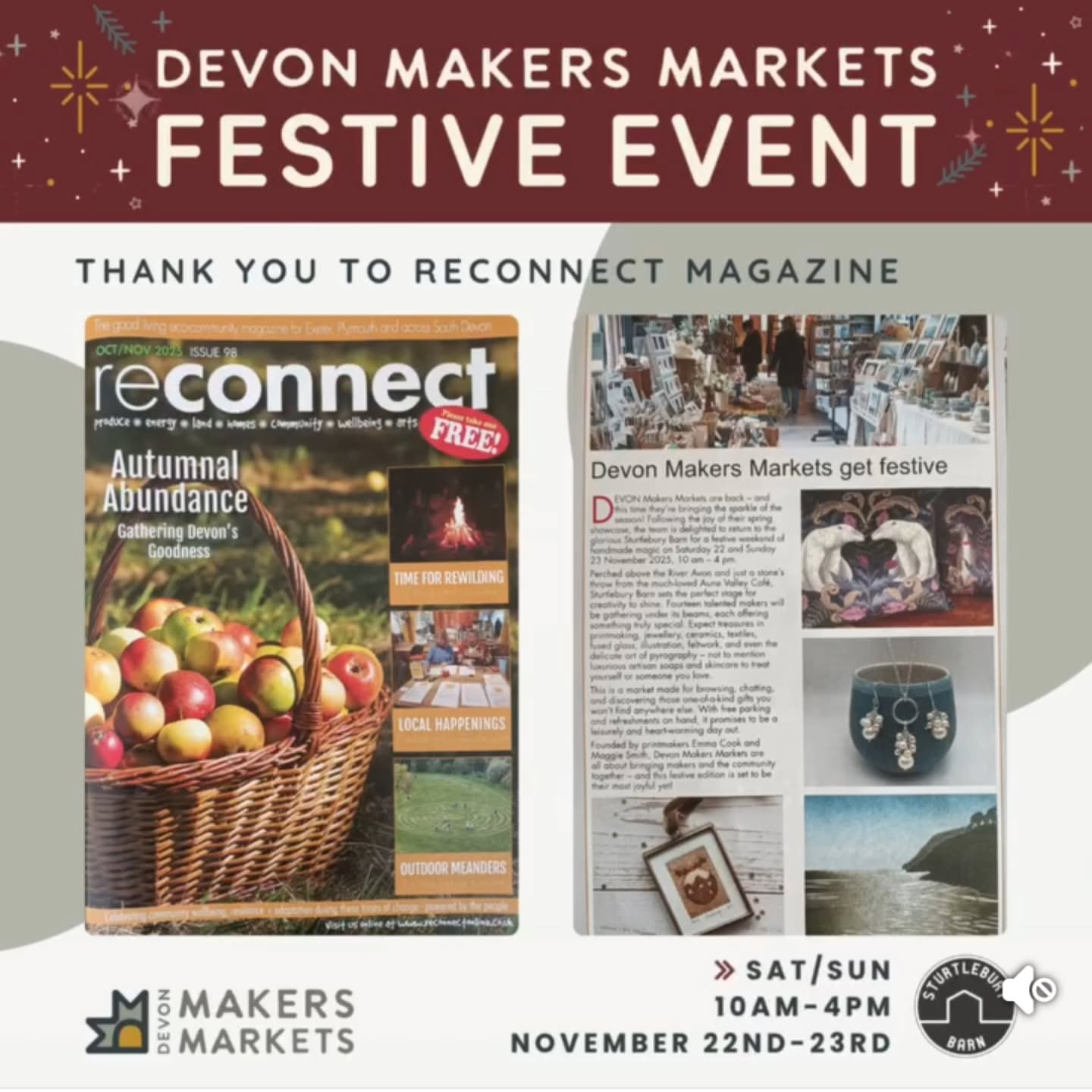 Save The Date
๐ฑ Treat yourself to a gorgeous day out. I've been busy behind the scenes preparing for two cracking Festive events:
๐ Artisan Xmas Craft Fair : 8 Nov 2025 Noss Mayo Village Hall
๐ Devon Makers Market : 22-23 Nov 2025 at Sturtlebury Barn, Loddiswell as featured here in the Reconnect Magazine, grab yourselves a copy.
#reconnectmagazine #devonmakersmarkets #artisanchristmascraftfairnossmayo #nossmayo #novembercraftevent #festiveevent #contemporarycrafts @themewstonecandlecompany @devonmakersmarkets
@sturtleburybarn