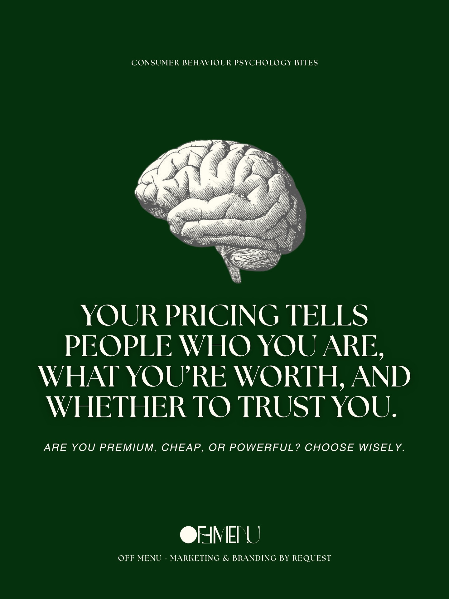 The right price is about more than revenue, every number is a narrative. Whether you’re selling a service, a product, or yourself as a brand, how you price it determines how people experience it.
Your pricing tells people what to expect before they experience your brand.
⬇️ Too low? You create doubt.
⬆️ Too high without story? You create confusion.
↔️ Just right, with strategy? You create belief.
Pricing doesn’t just determine profit, it defines perception. The right number tells your audience who you are, what you stand for, and how much they should trust your value.
Ask yourself:
1️⃣ Does my price reflect the value I deliver — or just the hours I spend?
2️⃣ If someone saw my price alone, what story would it tell about my brand?
3️⃣ Am I pricing based on confidence or comparison?
At OFF MENU, we help brands price with purpose. We blend strategy, psychology, and storytelling so your value speaks for itself.
Ready to price or reprice your brand with confidence?
Link in bio to book your strategy session.