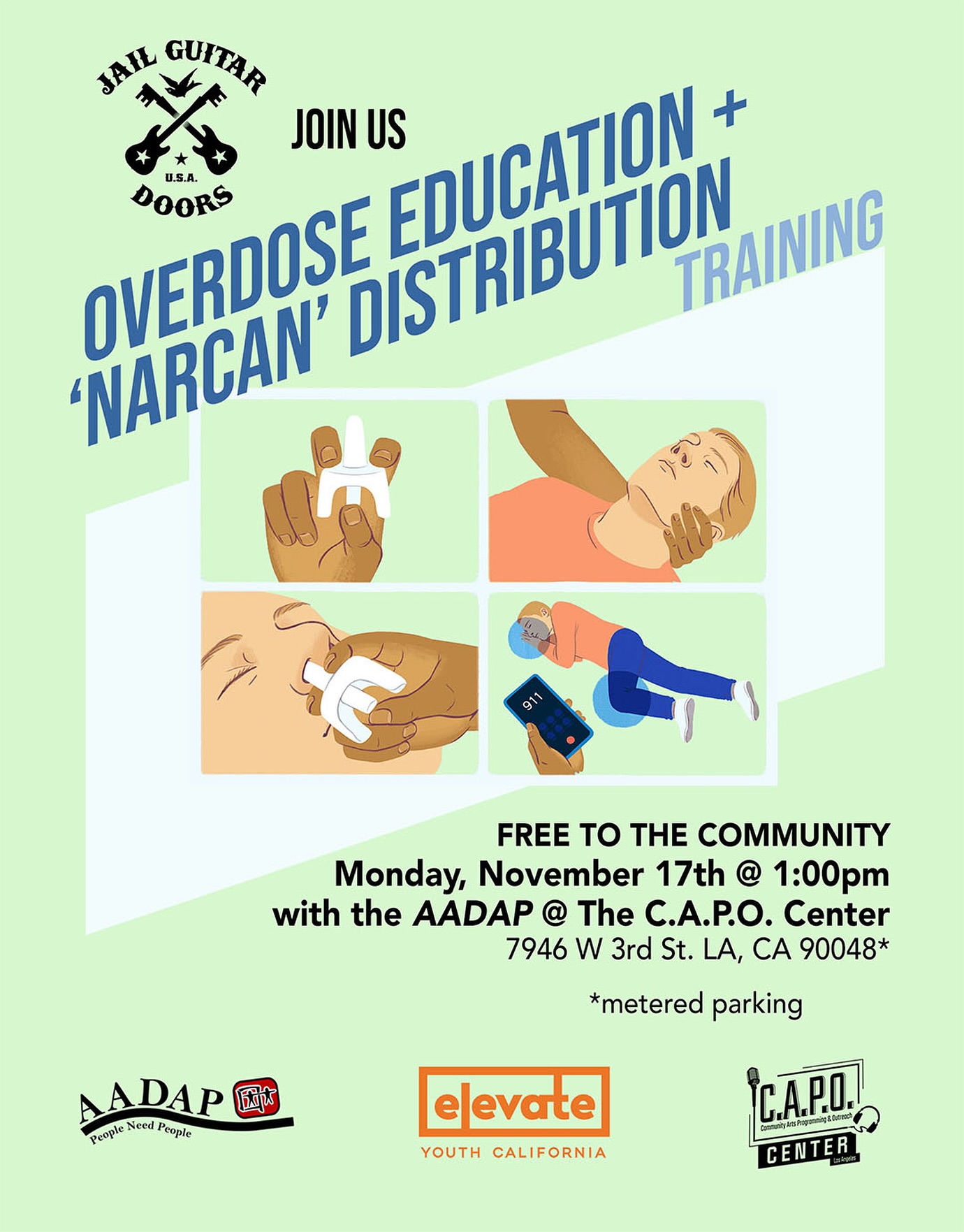 Join us Monday, Nov 17 at 1PM at The C.A.P.O. Center for free Narcan Training & Distribution, presented by @aadapinc in partnership with @elevateyouthca
Learn to recognize an overdose and use Narcan—life saving skills everyone should have. Free and open to all!
Register through the link in our bio and share with friends and neighbors.
.
.
.
#narcansaveslives #narcantraining #naloxonesaveslives #naloxonetraining #narcan #overdoseprevention