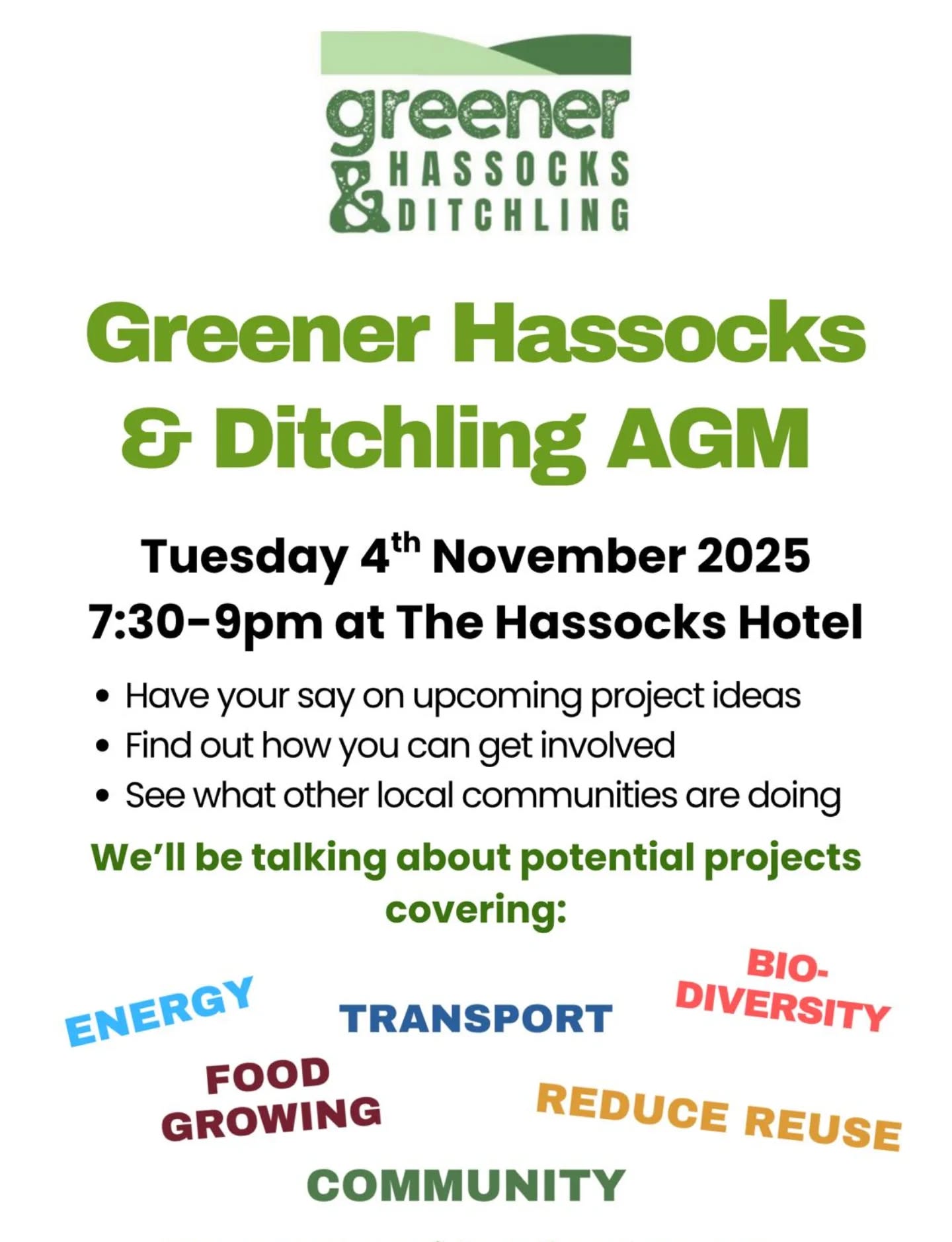 We're looking forward to welcoming you to our AGM on November 4th at The Hassocks Hotel 😃
We'll chat about local food growing, energy, biodiversity, transport, and community. Hear what we've been up to and share ideas for a greener and more connected Hassocks and Ditchling. We'd love your input and insight to help projects grow and build on new ideas!
All welcome at this free event - 7.30pm - 9pm, Tuesday 4th November at Hassocks Hotel @thehassockspub