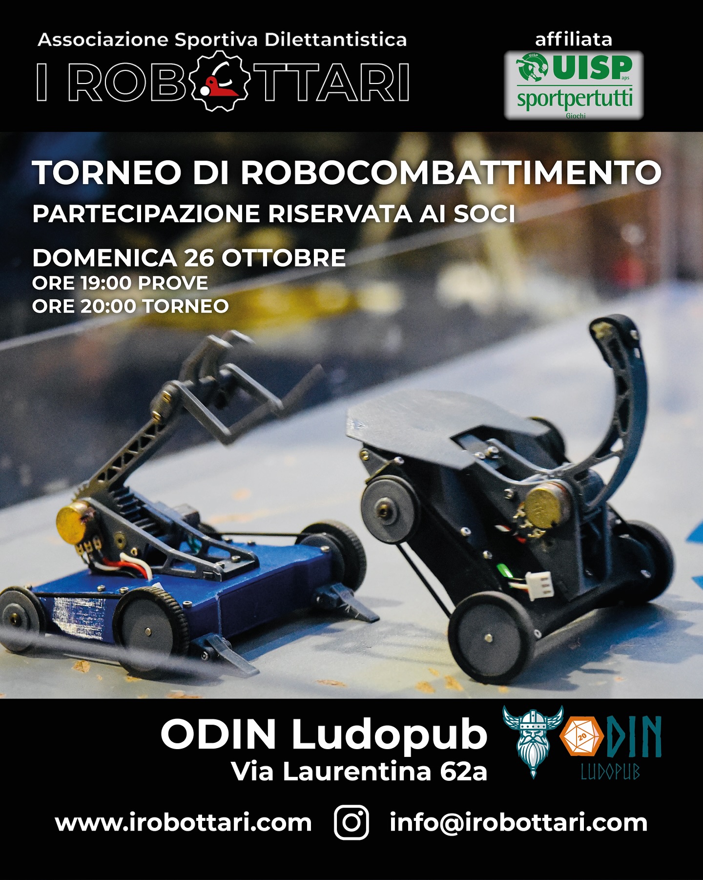 Stamattina ci trovate in giro per la #makerfairerome , abbiamo deciso di portare un po’ a spasso un paio di robot. Ma se volete capire, vedere e provare questo sport vi invitiamo a passare Domenica prossima all’ @odinludopub !
La partecipazione al torneo è riservata ai soci, ma permettiamo a tutti di provare e assistere!
Avete capito che il robocombattimento è uno sport e arriva finalmente in Italia?!
#combatrobots #robotwars #battlebots #antweight #sportsman #makerfaire