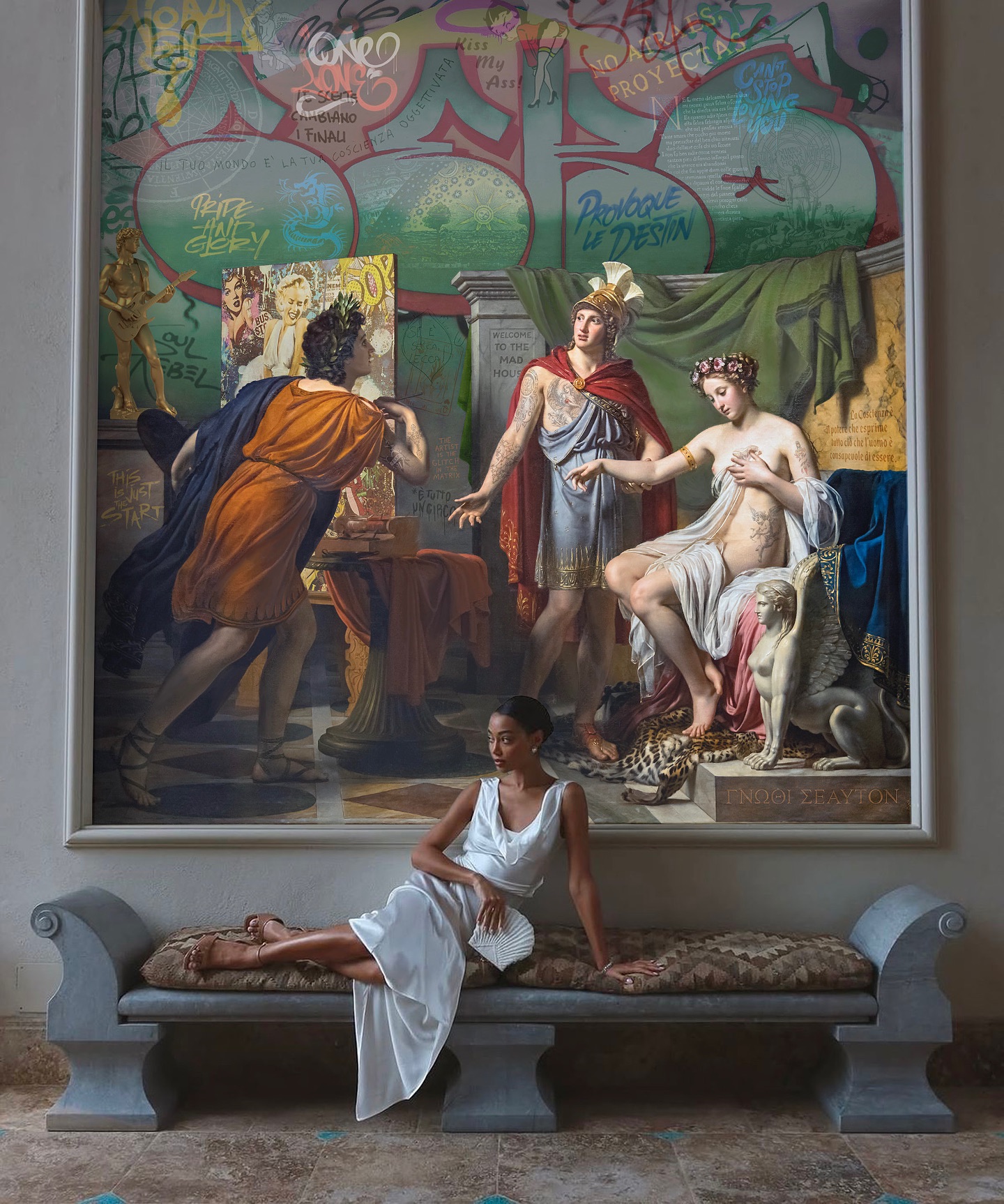 NEL MEZZO DEL CAMMIN DI NOSTRA VITA by Marco Battaglini
A dialogue between past and present, chaos and creation.
In this work, classical beauty meets urban rebellion, where divine myths confront the graffiti of our modern souls. It’s a reflection on identity, desire, and the eternal search for meaning in a world that keeps rewriting its own story.
Every symbol whispers a question: When was the last time you truly looked at yourself and recognized who you are becoming?
#ArtWithoutBoundaries #MarcoBattaglini #contemporaryclassic