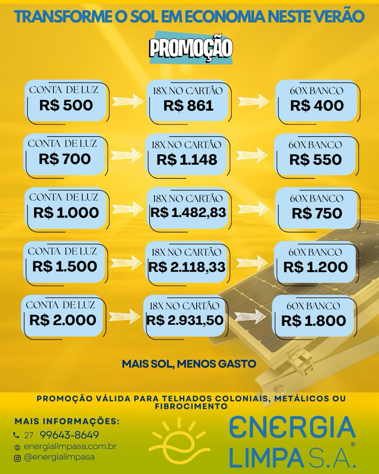 🌞 MINHA USINA SOLAR chegou com tudo na Black Friday! Você sabia que pode trocar sua conta de luz por parcelas FIXAS menores que o valor que já paga — e ainda se proteger dos aumentos anuais?
💸 Exemplo: Se sua conta é de R$ 700, você pode ter sua própria usina solar por apenas R$ 550 mensais em 60x. E o melhor: sem sustos, sem reajustes, só economia!
🔋 Produza sua própria energia, valorize seu imóvel e diga adeus às surpresas na conta de luz.
⚡ Promoção válida por tempo limitado. 📲 Fale com a ENERGIA LIMPA S.A. e comece a economizar hoje!
#energiasolar #energialimpa #minhausinasolar #sustentabilidade #economiainteligente #energiaquevaleapena