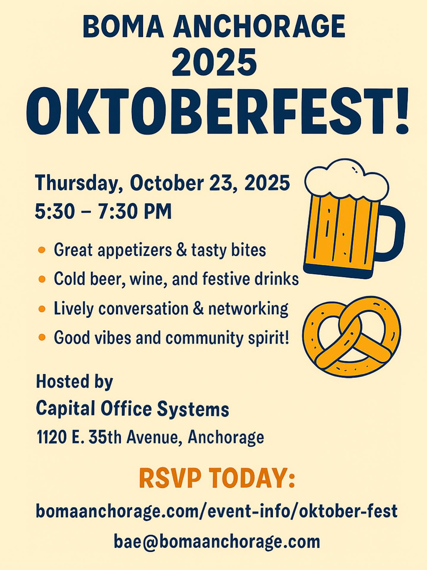 🍂✨ It’s time for some Fall Fun!
Join us at the BOMA Oktoberfest Fall Social on Thursday, October 23 | 5:30–7:30 PM at Capital Office.
Huge thank you to Bryan Quinn and his amazing team for hosting!
🎉 Good vibes, great people, and plenty of Oktoberfest cheer.
👉 RSVP here: bomaanchorage.com/event-info/oktoberfest
#BOMA #Oktoberfest #FallSocial #AnchorageEvents #Networking #CommercialRealEstate #Community #AnchorageBusiness #FallVibes