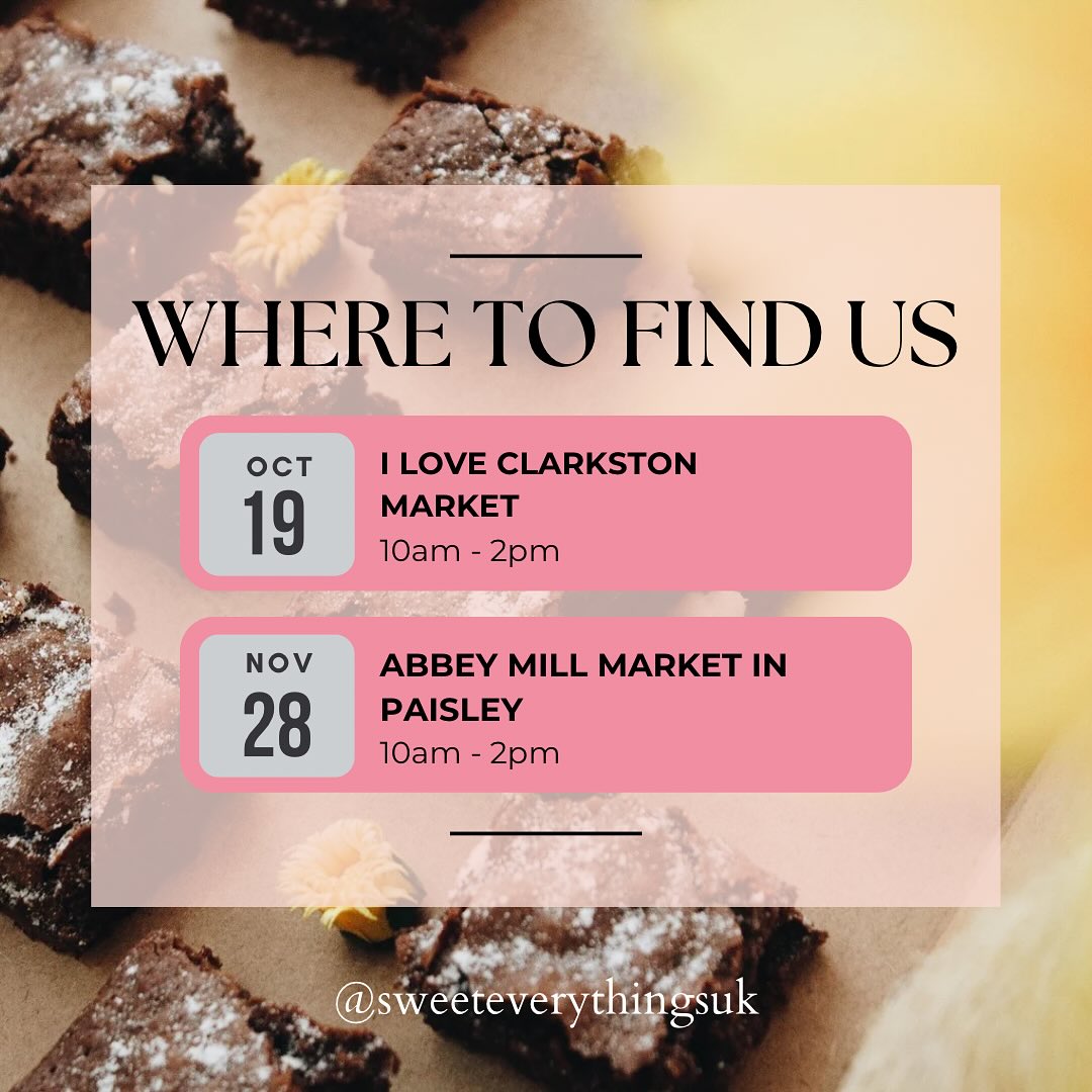 NEW! Around this season we have started to be a part of local foodie markets in and around Glasgow 📆 Get some of our delicious handmade cakes and desserts fresh from the oven! We’ll be adding more dates soon … come out and taste some goodies for yourself!
🎃Clarkston Farmer’s Market - Sun 19th Oct
📍I Love Clarkston Food Market is located at The Good Yards Car Park, Clarkston Road, G76 8NE; 10am - 2pm
🎃Abbey Mill Christmas Market - Friday, 28 Nov
📍Abbey Mill Market is located at @abbeymillbusinesscentre at Mile End Mill, 12 Seedhill Road, Paisley, PA1 1JS
