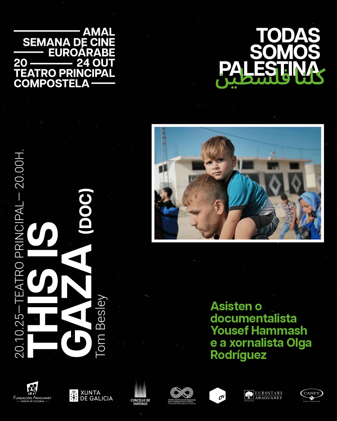 📢 Primeiro filme da XXIII Semana de Cine Euroárabe Amal.
🎞️ This is Gaza (DOC). tomcbesley | 2025 | Palestina | 50’
🗣️ Tras a proxección, o cineasta e protagonista do filme @yousef.hammash conversará coa periodista @olgarodriguezfr, nunha charla aberta na que tamén haberá quenda para as preguntas do público.
📆 Luns 20 de outubro.
📍 Teatro Principal.
⏰ 20.00 h.
🎫 Invitacións esgotadas!
🍉 #todassomospalestina
#amal #fundaciónaraguaney #todassomospalestina #pontedeculturas #gaza #santiagodecompostela #TeatroPrincipal #galicia #mundoárabe #paisesárabes #arabworld #cine #cinema #películas #documentales #documentais #film #movie #movies #cinematography #festivaldecine #largometrajes #35mm #audiovisual