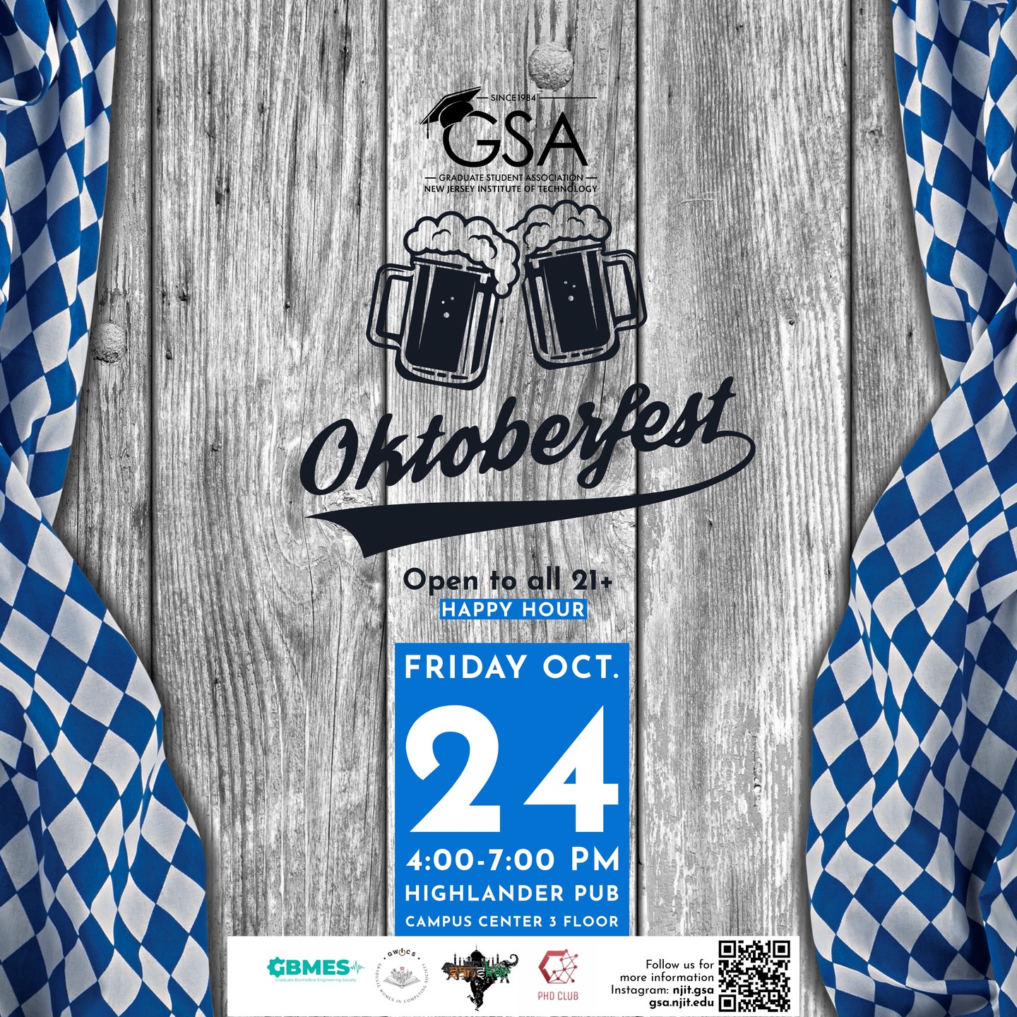🍻 Prost to Good Times! 🎉
Join us for Oktoberfest Happy Hour hosted by GSA!
Come unwind, mingle, and celebrate with great vibes and even better brews 🍺
📅 Friday, Oct 24
🕓 4:00–7:00 PM
📍 Highlander Pub, Campus Center 3rd Floor
🎟️ Open to all 21+
Don’t miss the fun — it’s time to raise your steins! 🍻💙🤍
#Oktoberfest #GSANJIT #HappyHour #NJITGradLife #FallFest #Cheers