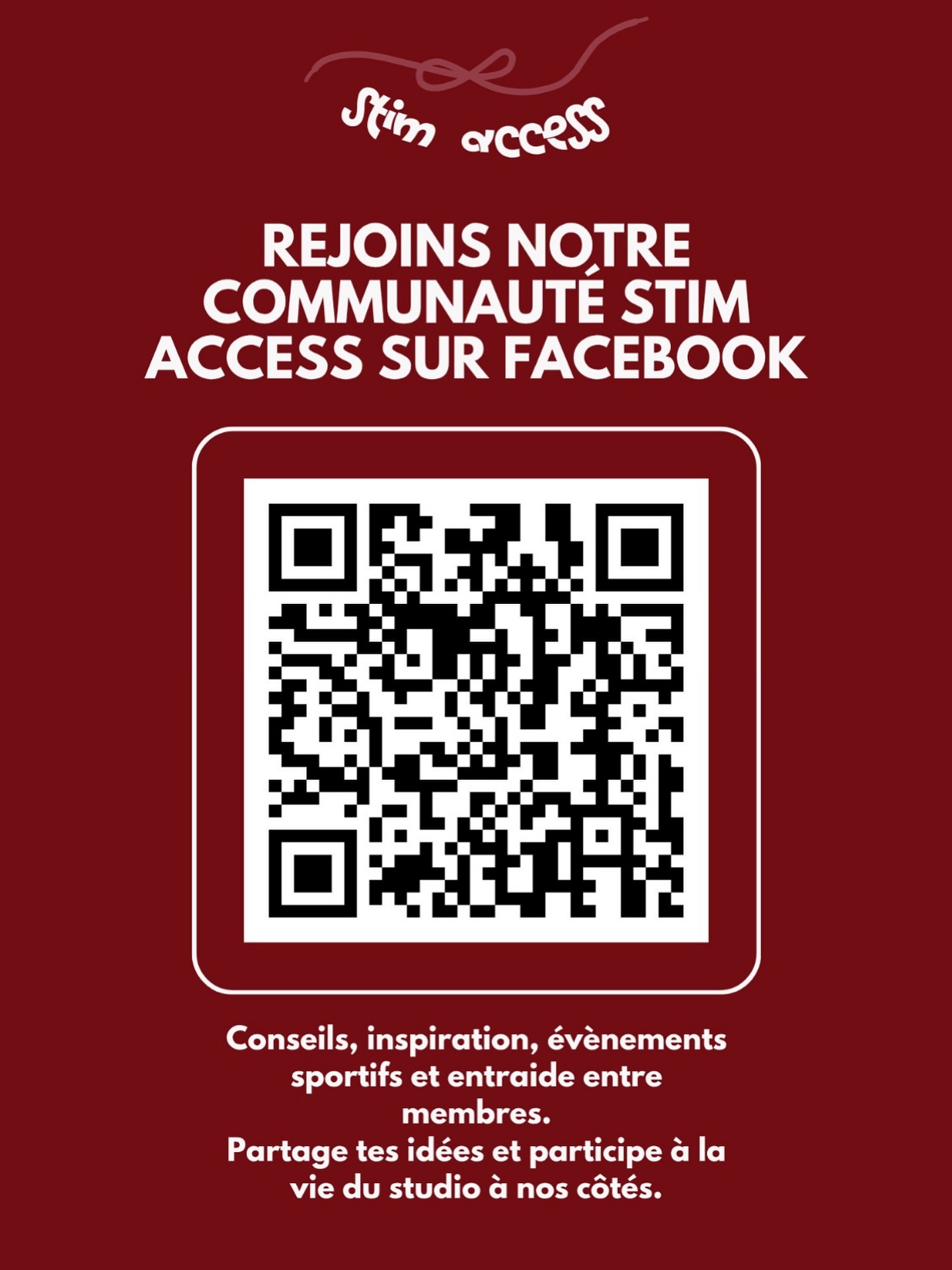 Chers membres,
Votre studio d’EMS est fier de vous annoncer la création de sa communauté sur Facebook ! ✨
Votre satisfaction étant notre priorité, nous avons souhaité vous faire participer davantage à la vie du studio en vous offrant la possibilité d’interagir non seulement entre vous, mais aussi avec notre équipe, au sein d’un groupe privé 🤍
À travers ce groupe, vous pourrez :
• Suivre de près nos actualités,
• Nous inspirer en partageant vos idées, vos envies ou votre point de vue,
• Publier votre transformation physique,
• Donner vos conseils et retours d’expérience aux autres membres.
Vous pouvez dès à présent rejoindre la communauté sous le nom « STIM ACCESS COMMUNITY » sur Facebook ✨