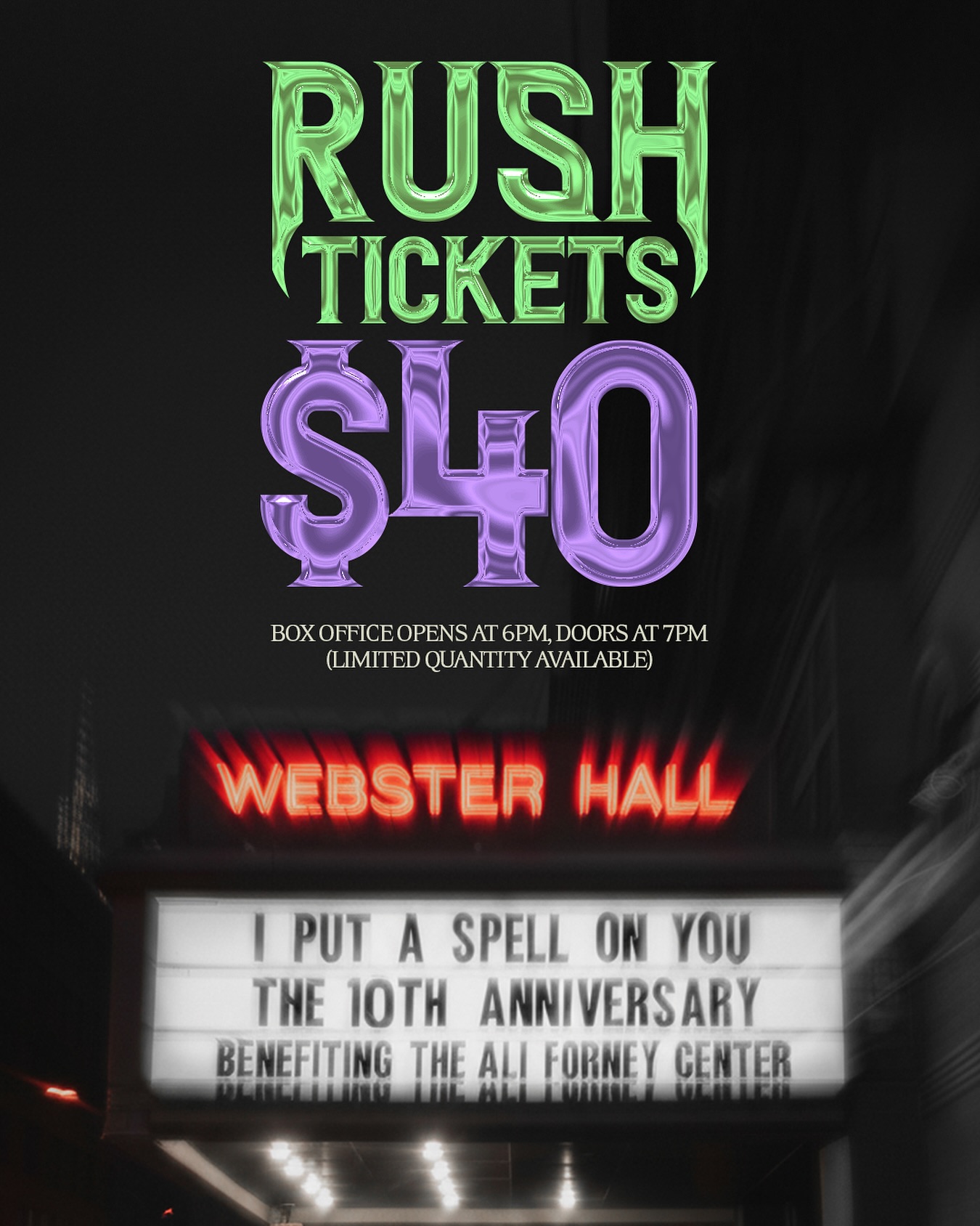 Sisters, shush! We smell…a RUSH! ✨
Ichita copita melaka mystica - a LIMITED quantity of $40 RUSH TICKETS will be available at the Webster Hall Box Office starting at 6pm! 🖤
Join us in celebrating #The10thAnniversary TONIGHT! 💜